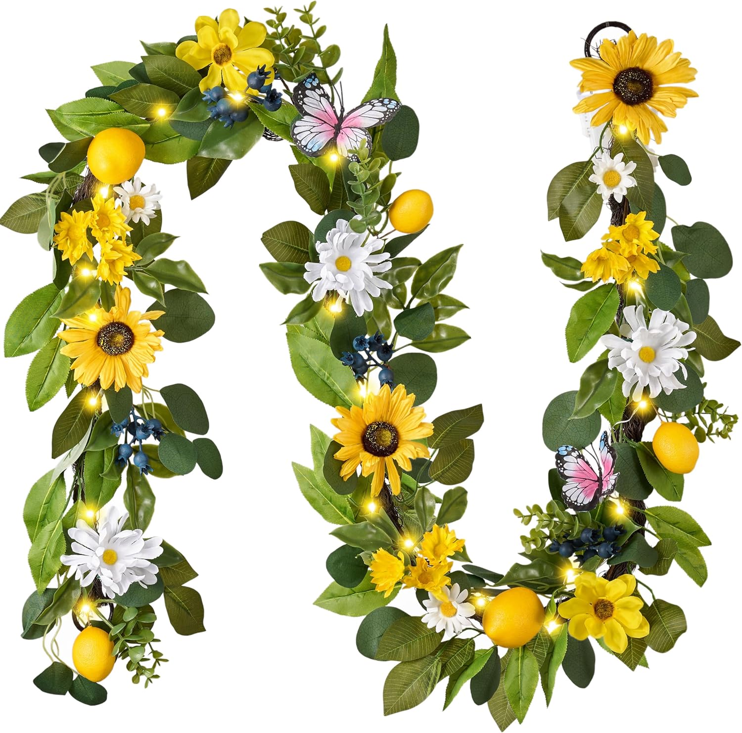 Valery Madelyn 6ft Pre-Lit Spring Summer Lemon Garland for Mantle with Light, Artificial Sunflower Greenery Fruit Vine, Rustic Farmhouse Lemon Kitchen Decor for Home Lemonade Stand Amalfi Coast Party