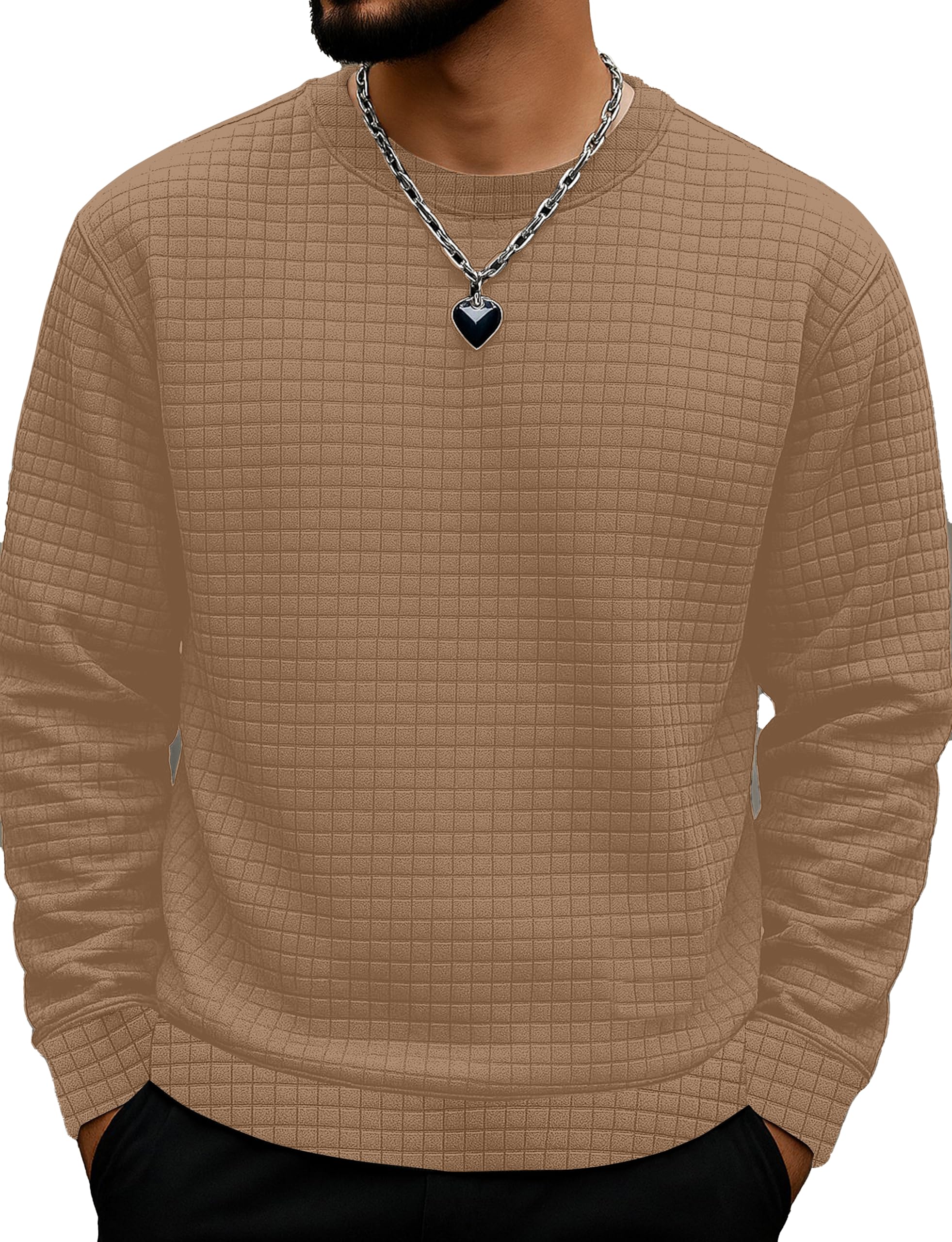 KAJARU Quilted Pattern Long Sleeve Sweatshirt, Round Neck, Men's Casual Pullover, Grey, Black, Beige-picture-36