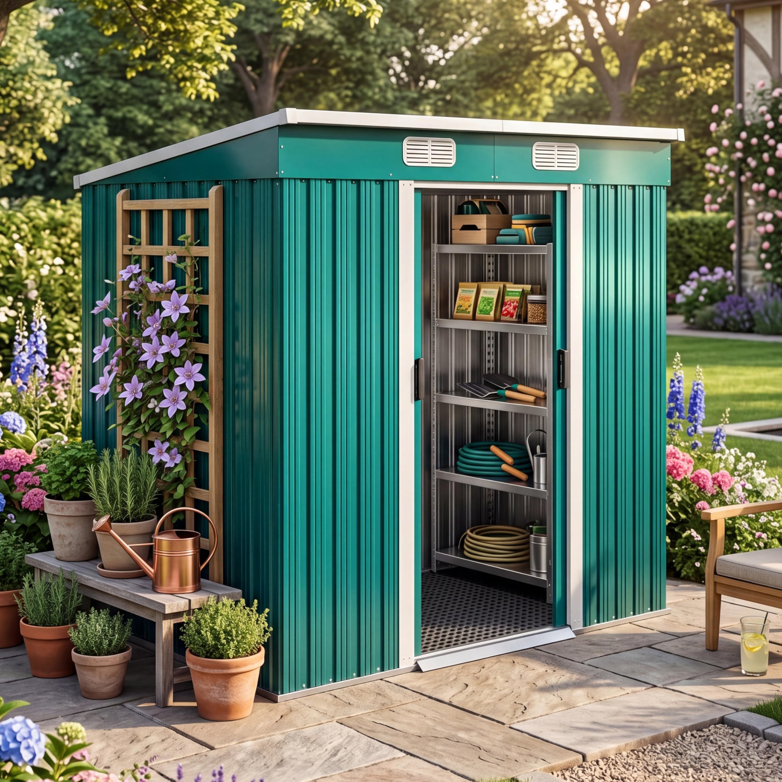 GARDEBRUK® 6x4ft Metal Garden Shed with Foundation, Outdoor Storage for Garden Furniture, Garden Tools, Pent Roof, Lawnmower Garage with Sliding Door, Galvanised Steel Shed, 200x125x180cm, Green