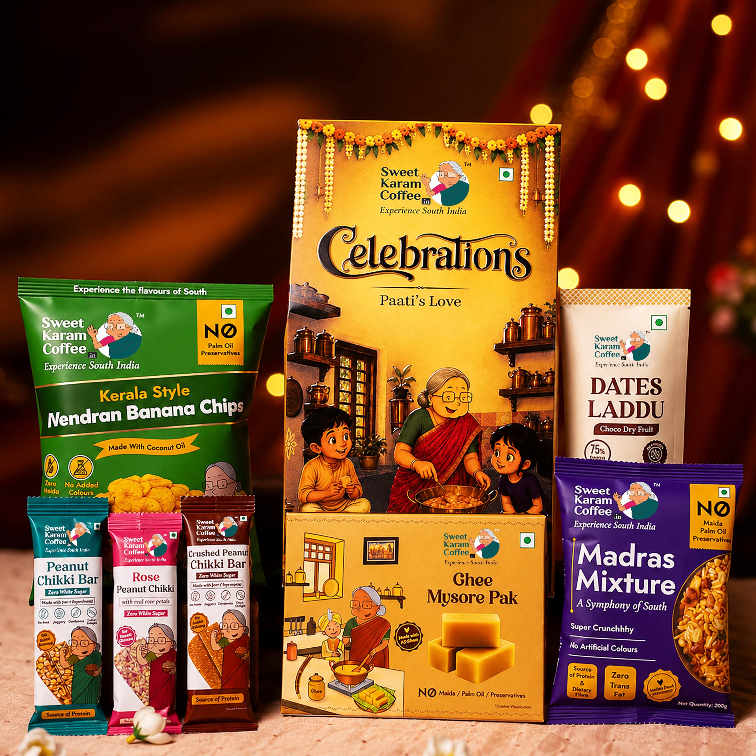 Sweet Karam Coffee Celebrations Paati’s Love Hamper | Rakhi Gift Hamper | Raksha Bandhan Gift | Brother Sister Bhaiya Bhabi Gift | Traditional Mysorepak, Banana Chips, Dates Laddu & Peanut Chikki Combo | 7 Festive Treats