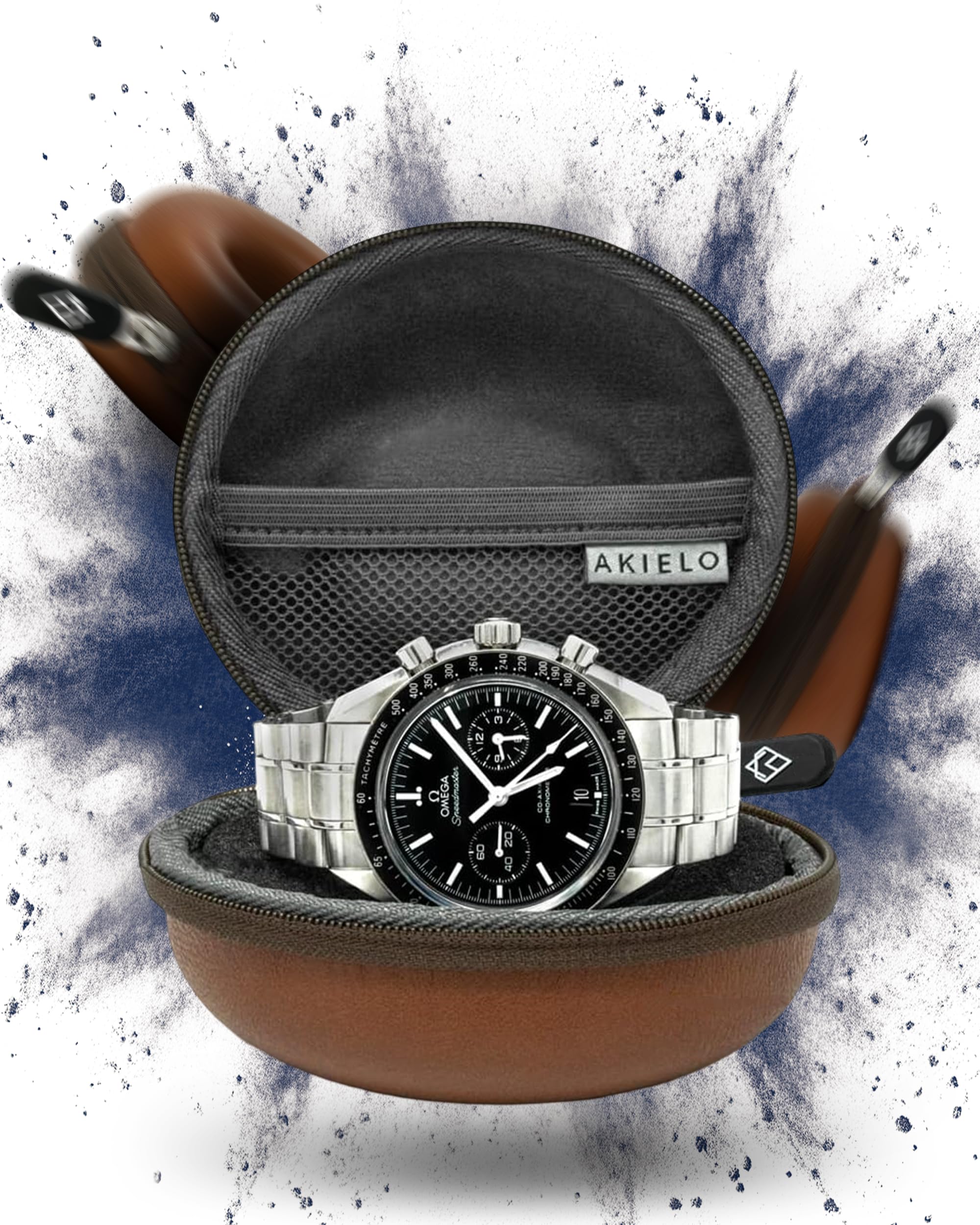 AKIELO Watch Case – Watch Travel Case with Cleaning Cloth and Gift Box – Fits Mens and Womens Wristwatches and Smart Watches up to 54mm (Havana Leather Edition)