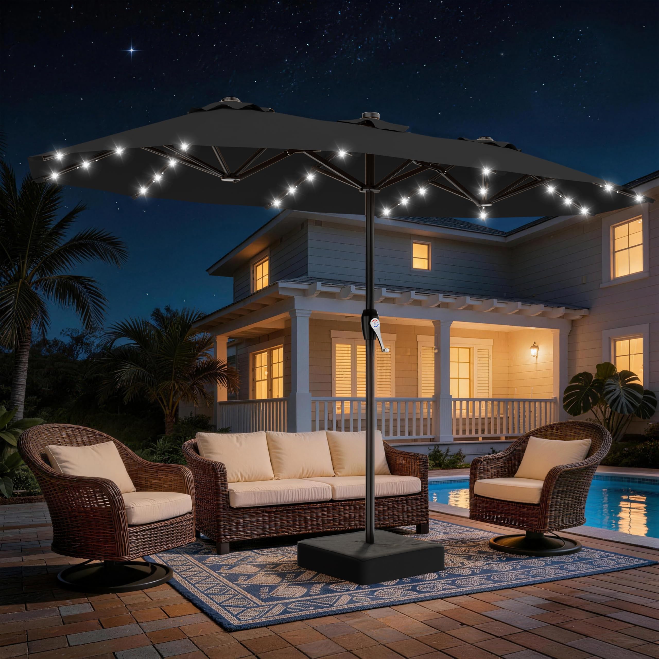 AreShark 15FT Patio Umbrella with Solar Lights