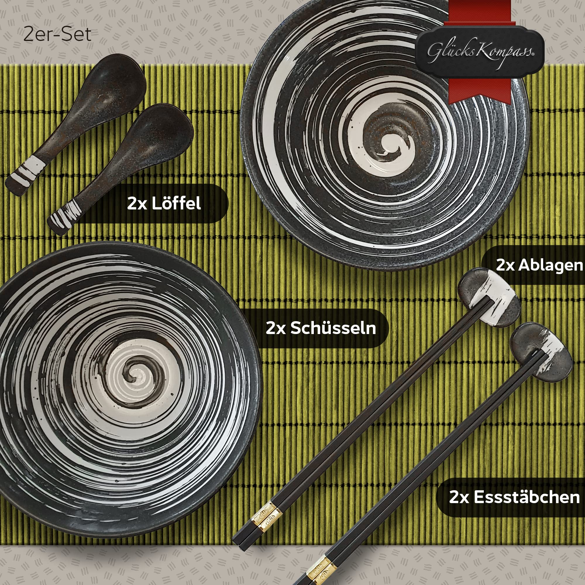 Japanisches Ramen Schüssel Set aus Keramik (8-tlg), groß: 20 cm Durchmesser | Bowl Suppenschüssel asiatisch Reisschale chinesisch Schale Thai Geschirr Löffel Essstäbchen Stäbchen