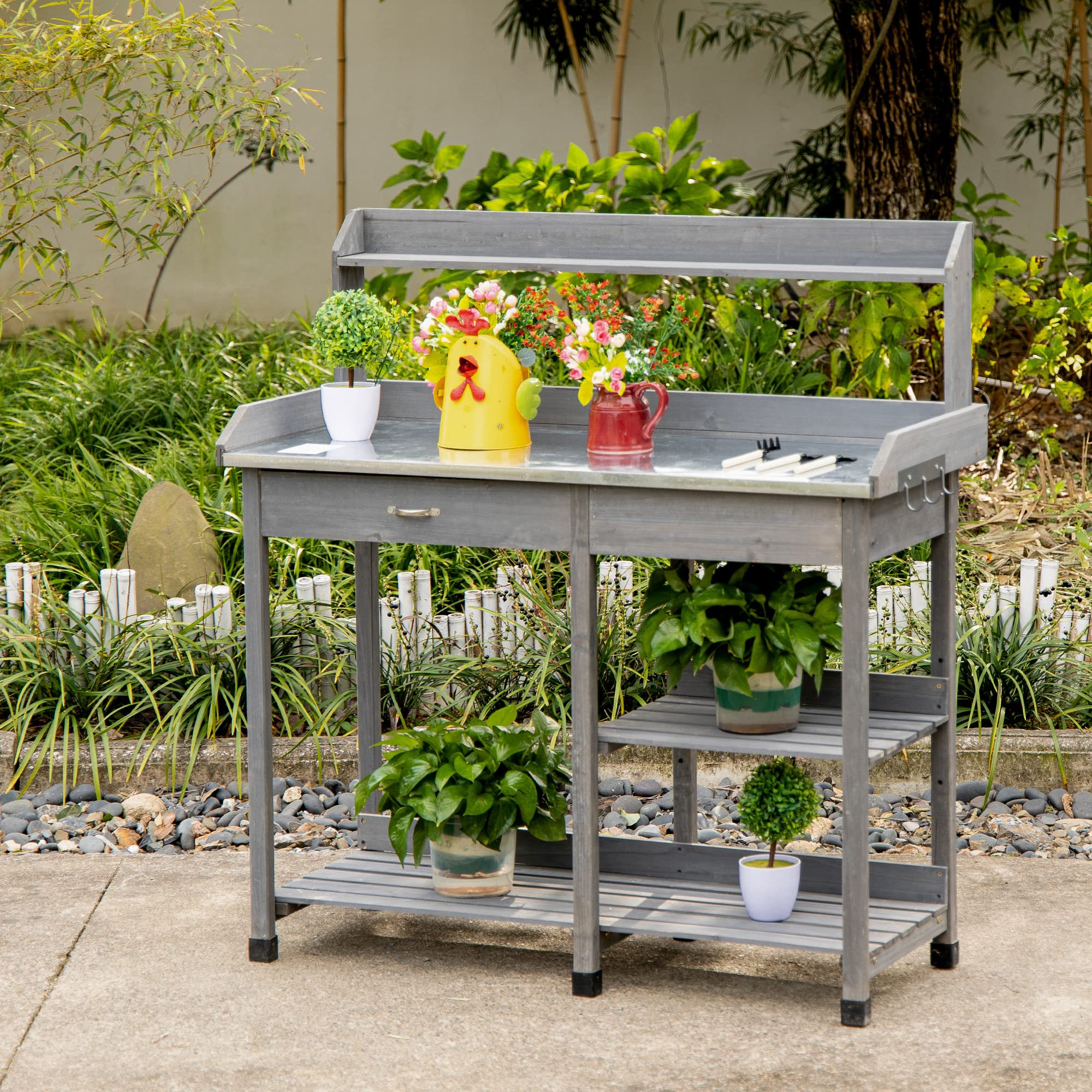 Buy Outsunny Garden Potting Table, Wooden Workstation Bench w/ Galvanized Metal Tabletop, Drawer