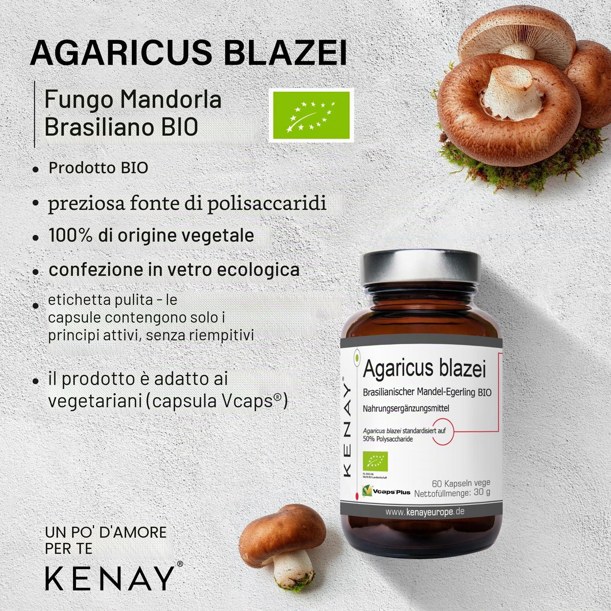 Agaricus blazei Brasiliano Mandorle Egerling 60 Capsule Vegan - Integratori Alimentari | Prodotto BIO | Kenay Europe