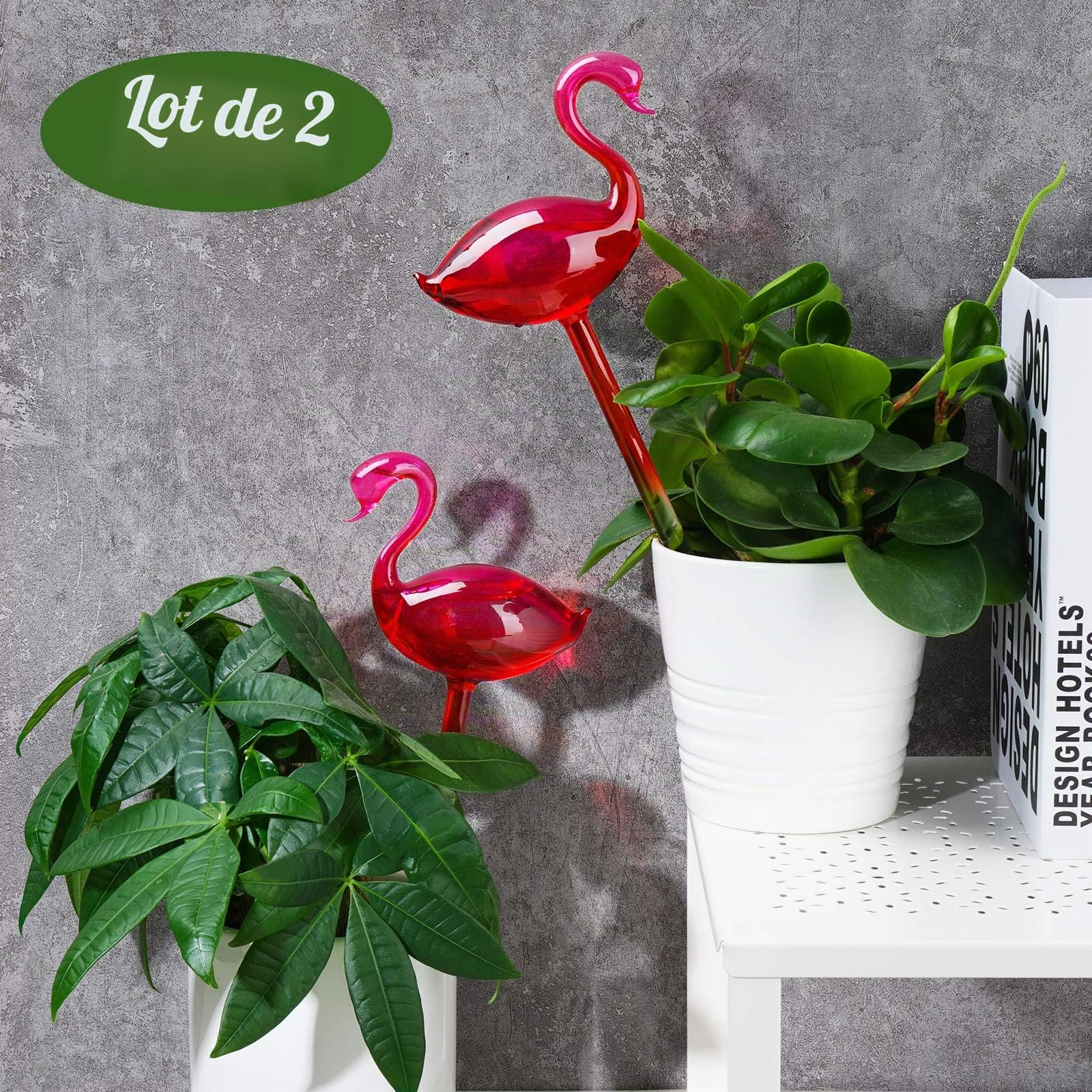 NiHome Flamingo Lot de 2 bulbes d'arrosage Automatique 25,4 cm de Long dégradé Rose Vif en Verre soufflé à la Main pour la Maison l'intérieur ou l'extérieur système d'irrigation Automatique