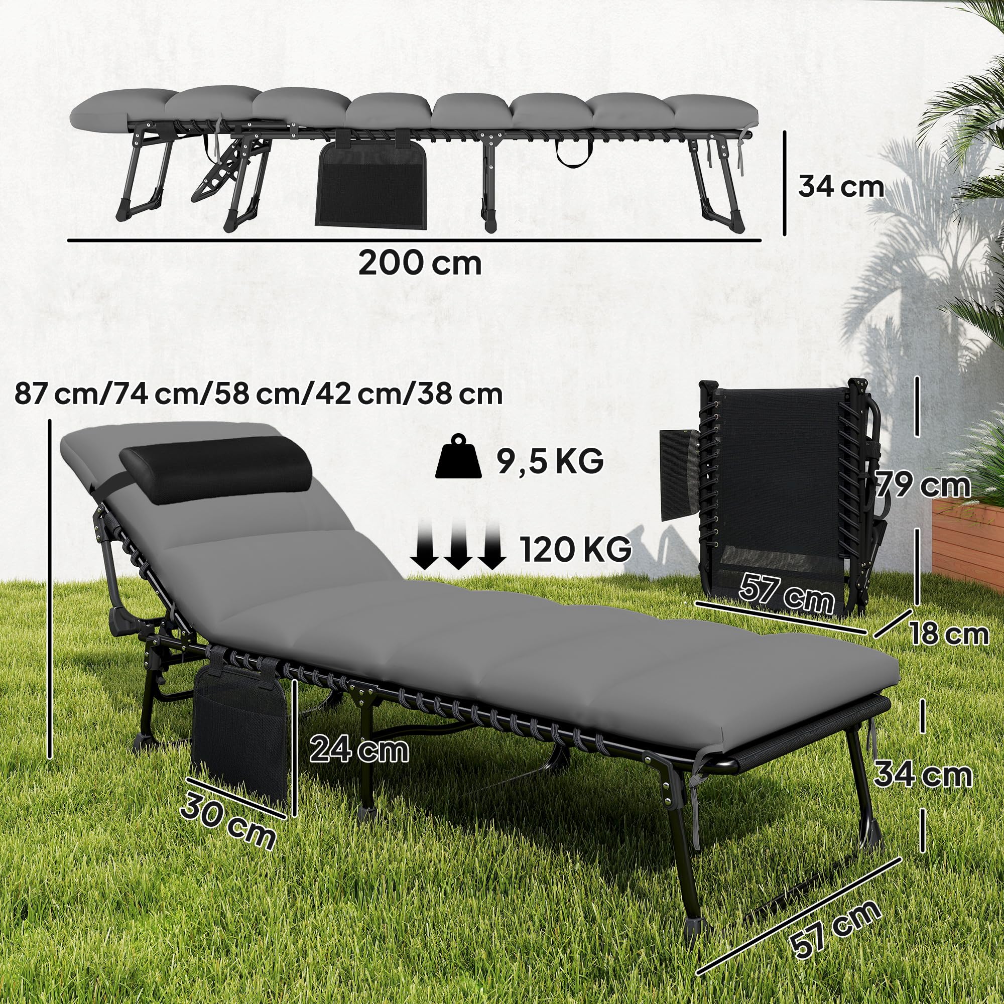 Outsunny Chaise Longue Jardin extérieur, Bain de Soleil Pliable, Dossier inclinable sur 5 Positions, transat avec Coussin, Poche Latérale et Appui-tête, Structure en Acier pour terrasse, Gris Foncé