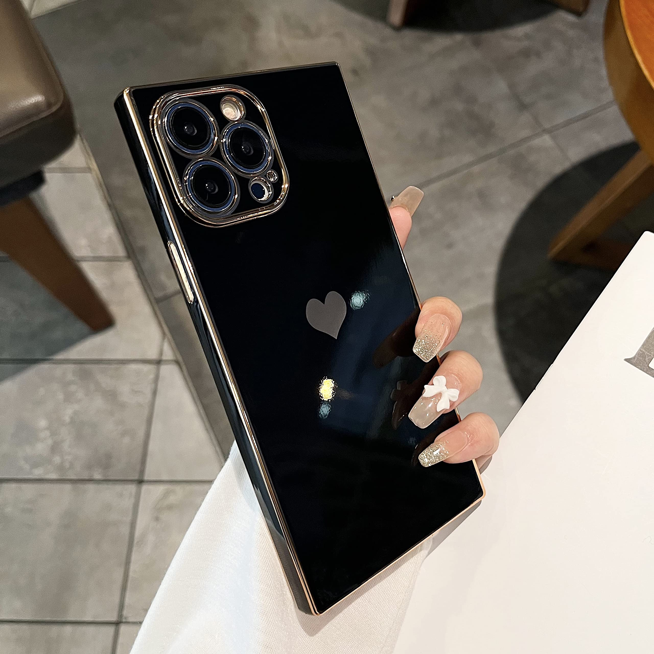 ZTOFERA Soft TPU Case for iPhone 14 Pro Max, Square Heart Pattern Reinforced Corners Electroplate Edge Case, Full Camera Lens Protective Shockproof Bumper Cover for iPhone 14 Pro Max 6.7 inch - Black