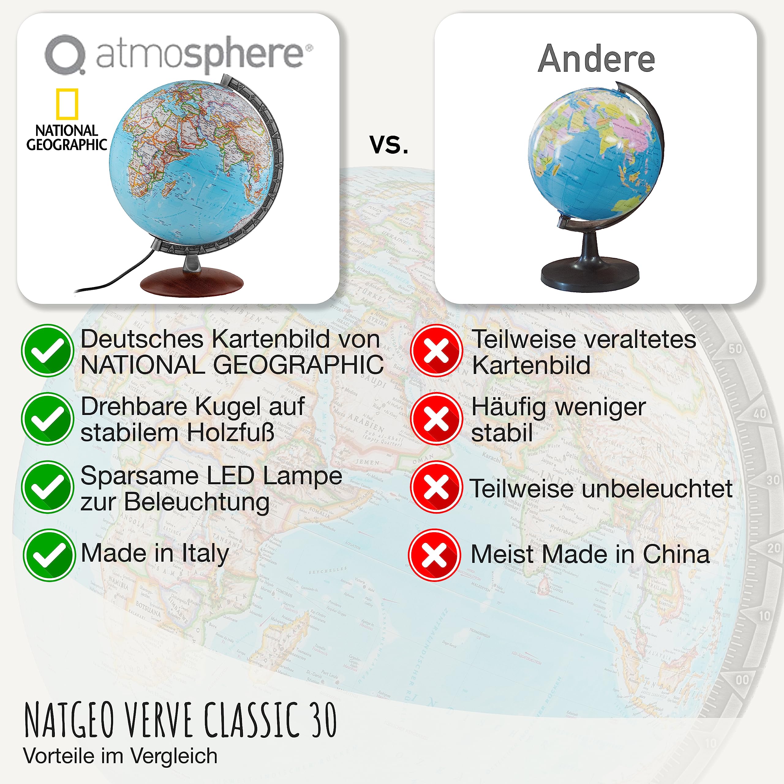 National Geographic Verve Classic Leuchtglobus - 30 cm Globus mit politisch-physischer Kartografie in deutscher Sprache, beleuchtet und mit drehabren Holzfuß und Metallmeridian