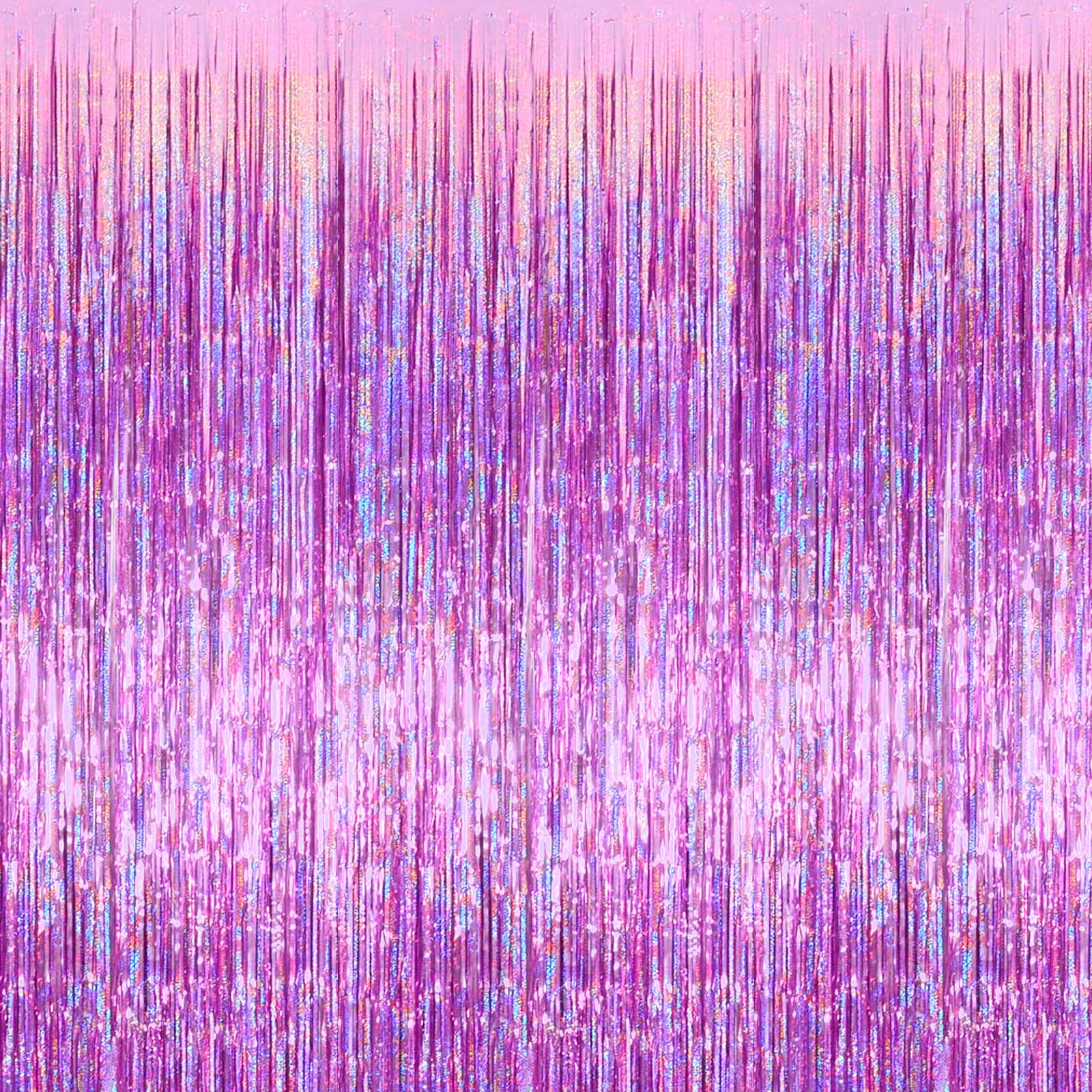 4 Pack Pink Fringe Curtain Backdrop, 3.2Ft x 8.2Ft Sparkle Metallic Tinsel Foil Fringe Streamers Background for Photo Booth Birthday Wedding Baby