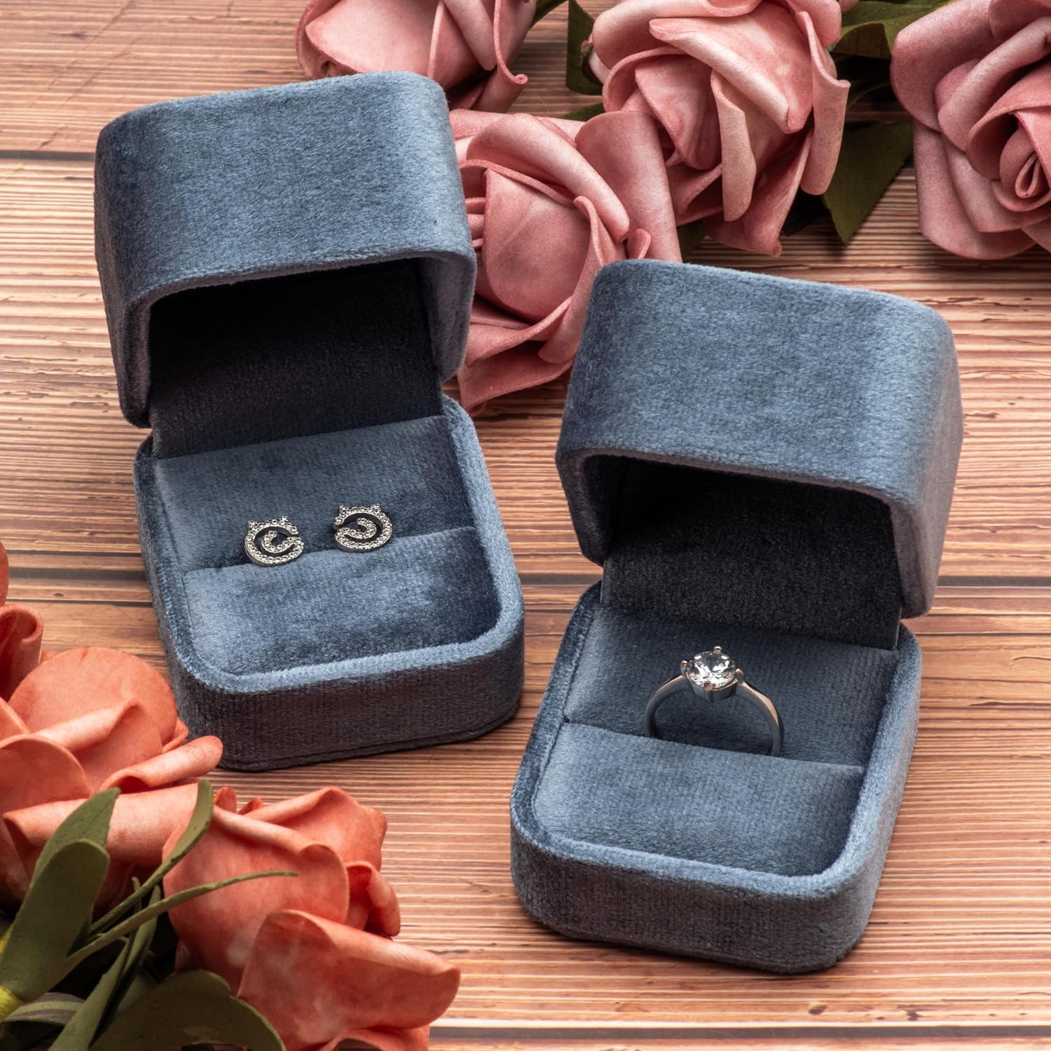 Velvet Single Ring Box Case Holder for Engagement Proposal Birthday Wedding,Jewelry Ring Gift Box Jewelry Packaging Box (Vintage Blue) image 5