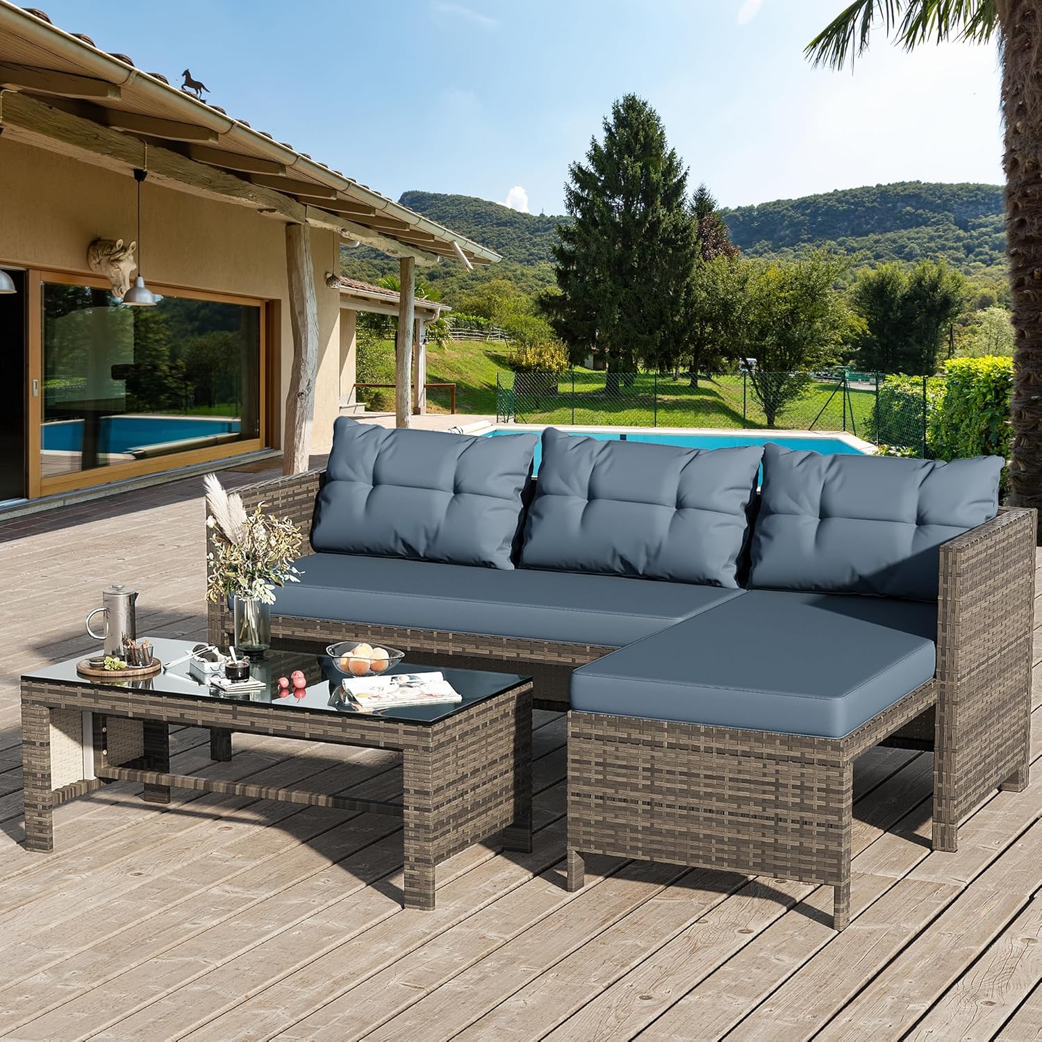 Shintenchi Outdoor Patio Furniture Sets, Wicker Patio sectional Sets 3-Piece, All Weather Wicker Rattan Patio Seating Sofas with Glass Coffee Table and Cushion (Blue) Blue Cushion