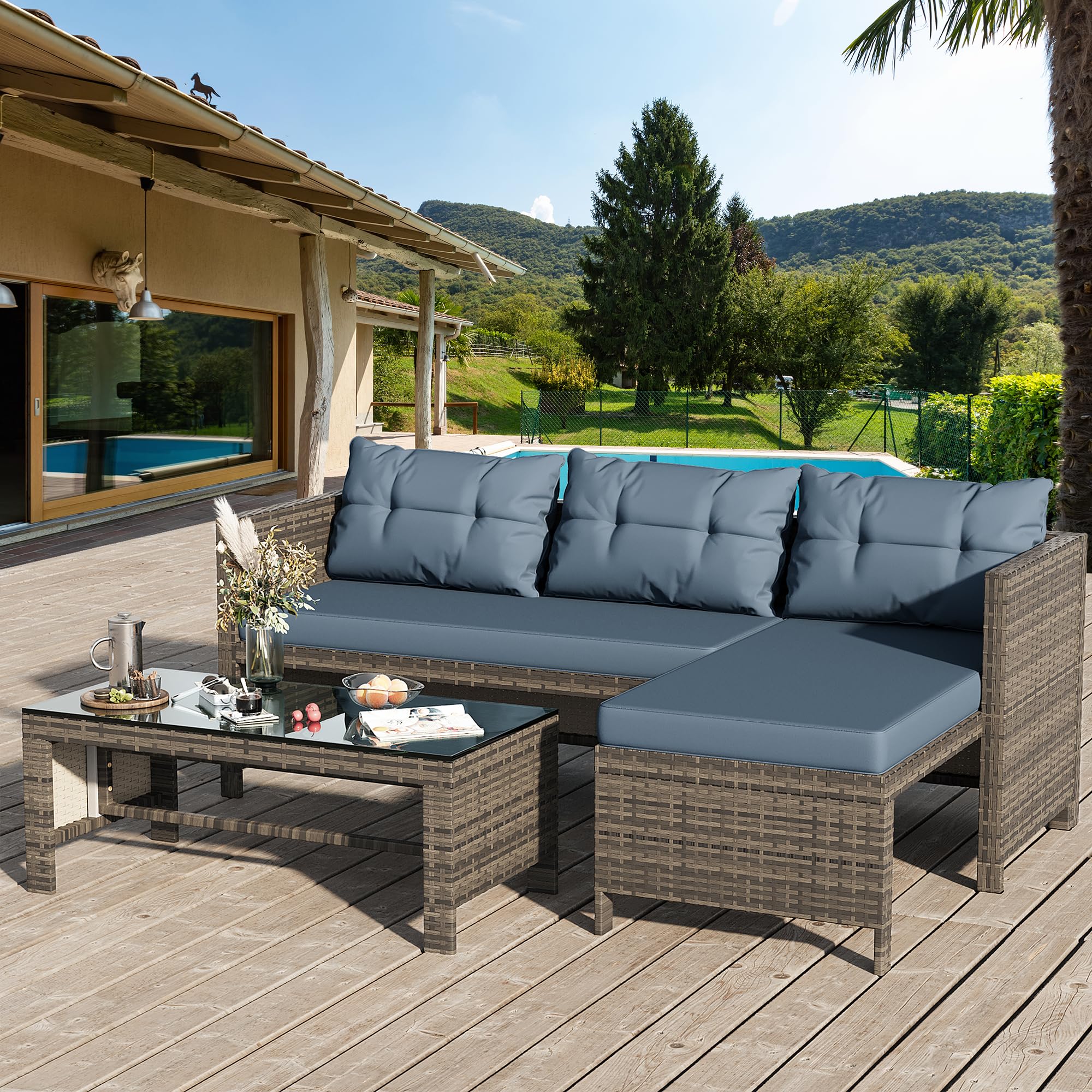 Shintenchi Outdoor Patio Furniture Sets, Wicker Patio sectional Sets 3-Piece, All Weather Wicker Rattan Patio Seating Sofas with Glass Coffee Table and Cushion (Blue)