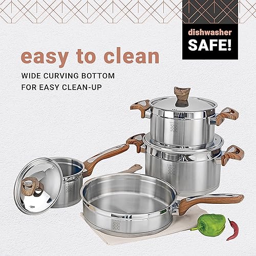 Miniatura 4 de Serenk Juego de utensilios de cocina de acero inoxidable de 7 piezas, compatible con inducción, incluye olla, olla de cocina, sartén y sartén con