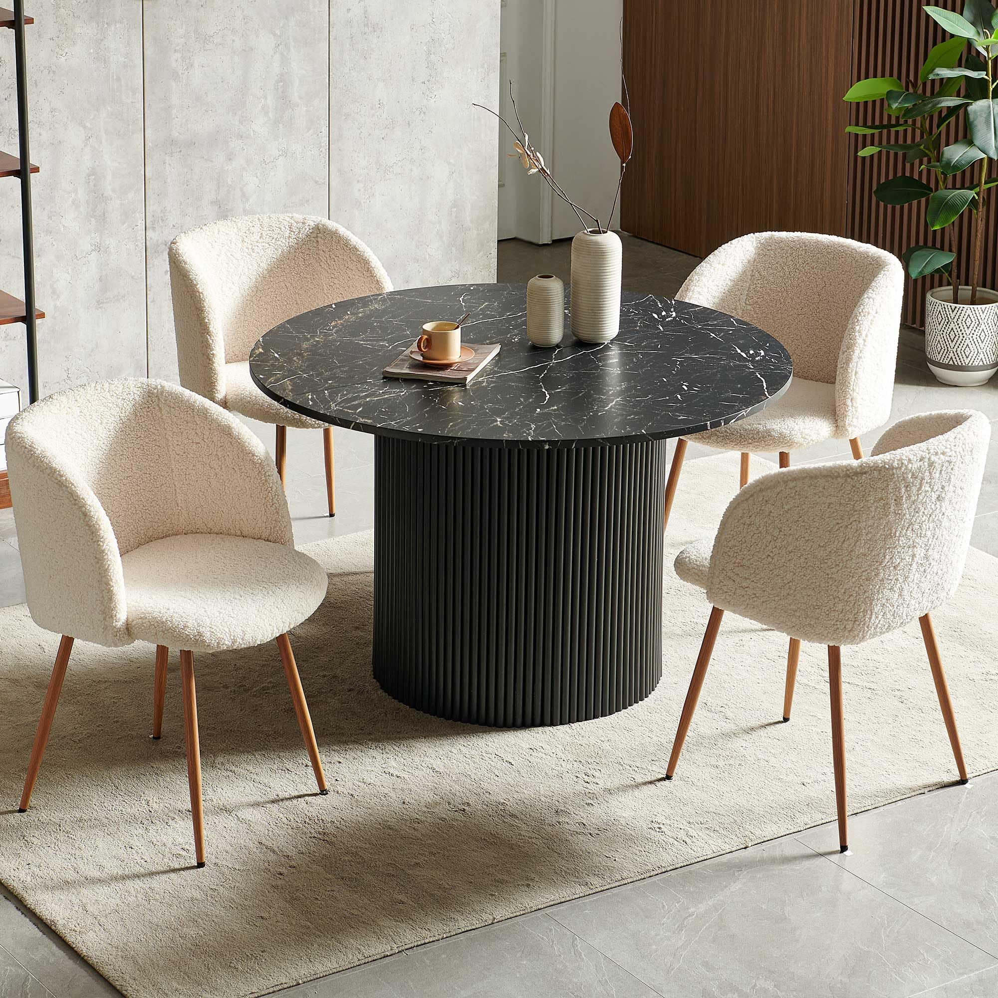 Homedot Modern Mid-Century Dining Table Set for 4, Black Round Kitchen Table Fluted and Off White Dining Arm Chairs Set Upholstered Fluffy Faux