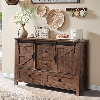 T4TREAM Farmhouse Sideboard Buffet Cabinet with Storage, 31.2'' Tall Kitchen Cabinet with 2 Sliding Barn Doors and 4 Drawers, Rustic Wood Coffee Bar Table for Dining Room, Reclaimed Barnwood Color