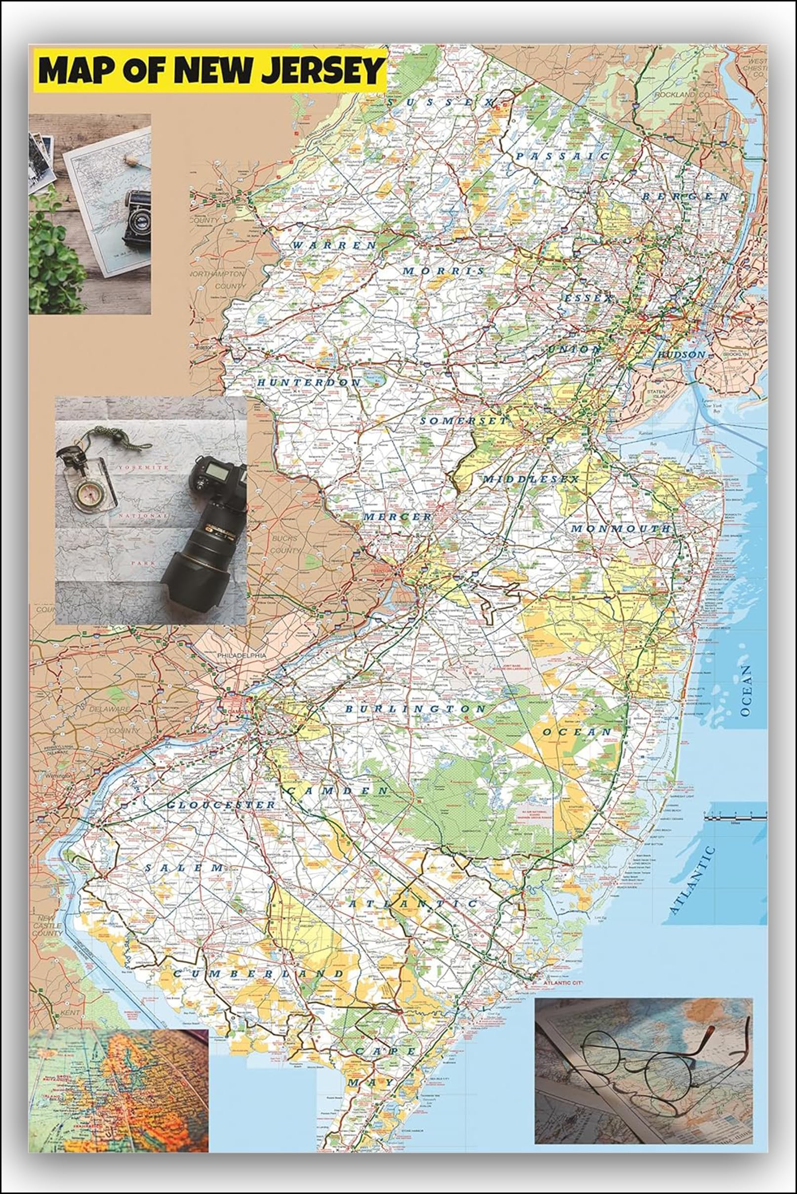 18x24 - Map of New Jersey Large Detailed Roads and Highways, Map of New Jersey State with All Cities, Parks and Landmarks - Laminated Wall Map Poster