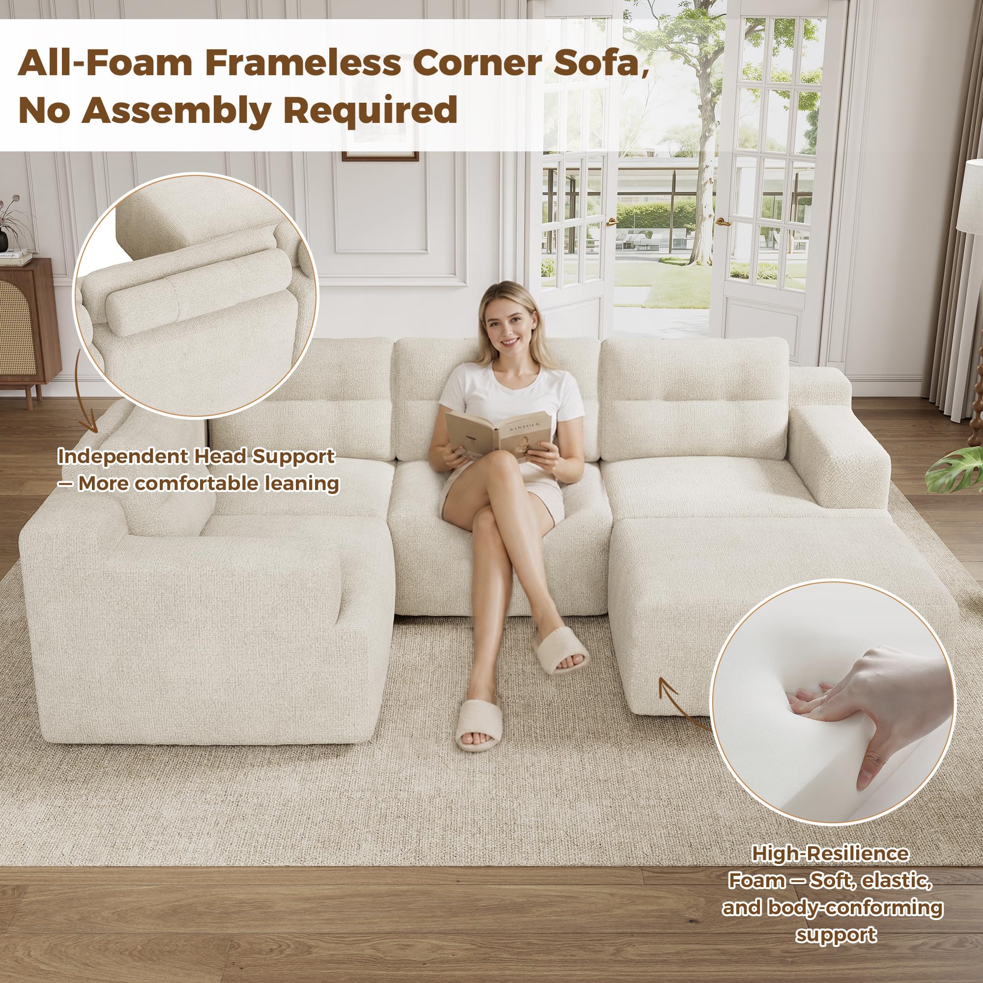 Canapé d'angle, Canapé 6 Places en Forme de L/U avec Pouf Amovible,Canapé Modulable pour Salons,Chambres,Coucher, Chenille Canapé Compressé,Aucun Assemblage Requis,Beige