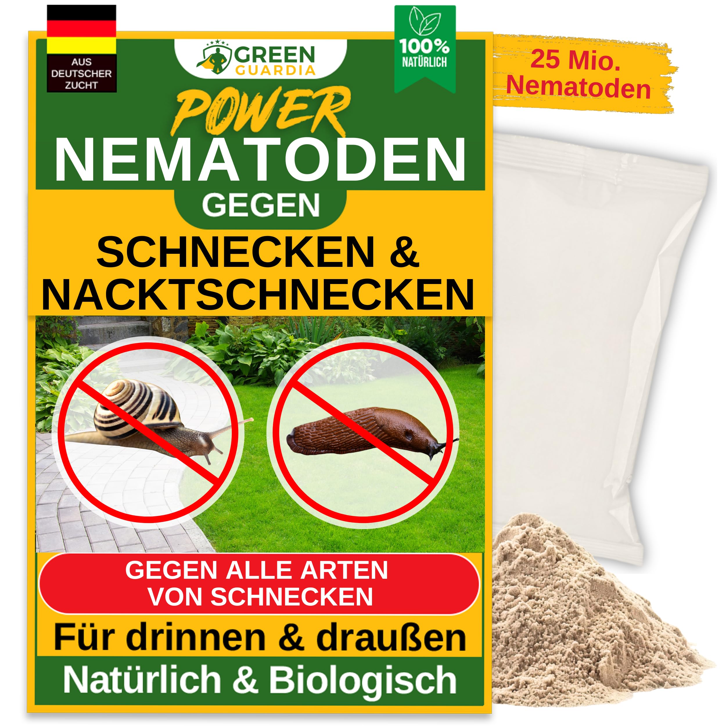 GREEN GUARDIA Power Nematoden gegen alle Arten von Schnecken - 25 Mio. (50m²) - biologische Schädlingsbekämpfung, umweltfreundlich, chemiefrei. Einfach anzuwenden & sicher für Mensch und Tier