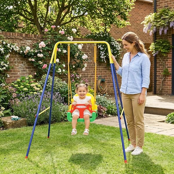 AIYAPLAY 3 in 1 Altalena da Giardino per Bambini, Altalena per Neonato da Interno e Esterno, Altezza Regolabile, Supporti in Acciaio Pieghevoli, Cintura Sicurezza, Facile Montare, 9 Mesi-8 Anni, Verde - 2