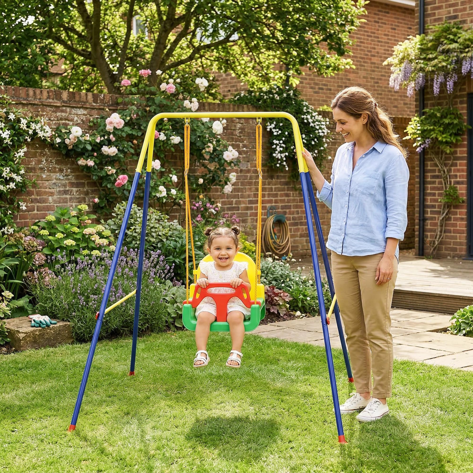 AIYAPLAY 3 in 1 Altalena da Giardino per Bambini, Altalena per Neonato da Interno e Esterno, Altezza Regolabile, Supporti in Acciaio Pieghevoli, Cintura Sicurezza, Facile Montare, 9 Mesi-8 Anni, Verde - 2