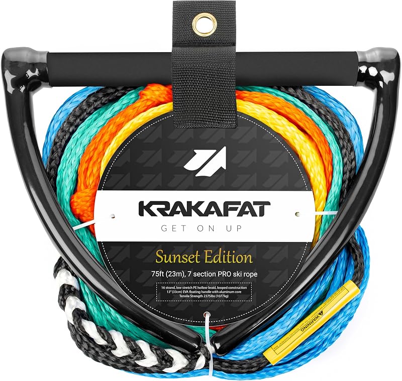 75ft Water Ski Rope, Wakeboard Rope - 13" Floating Handle with NEW Superior No-Peel Seamless EVA Grip - 7 Sections - 1-2 Rider Tube Tow Rope for Tubing - Boat Tow Rope for Kneeboard