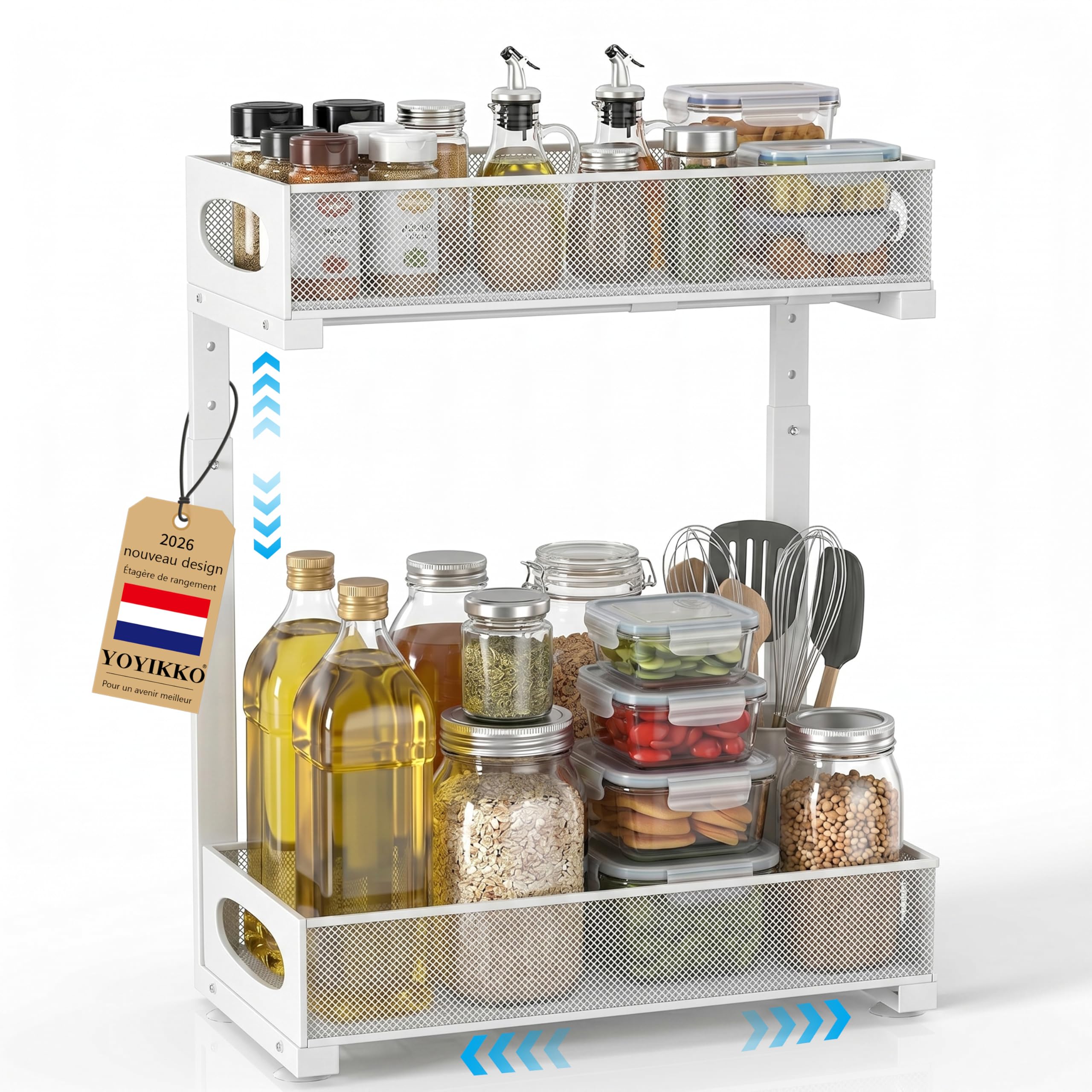 Organizador de cocina con cajones extraíbles, cuarto de baño, almacenamiento deslizante bajo fregadero, regulable en altura (blanco)