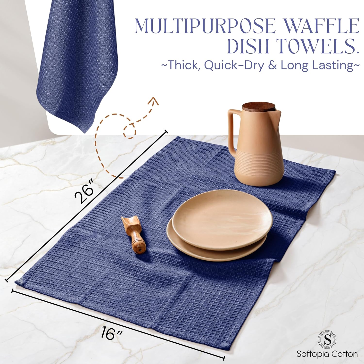 Waffle Weave Dish Towels 4 Pack, 16x26 Inches, Quick Dry Towels for Kitchen, Reusable, Absorbent Wash Cloths Set, Washable Fabric, Heavy Duty for Daily Use - Indigo Blue image 2