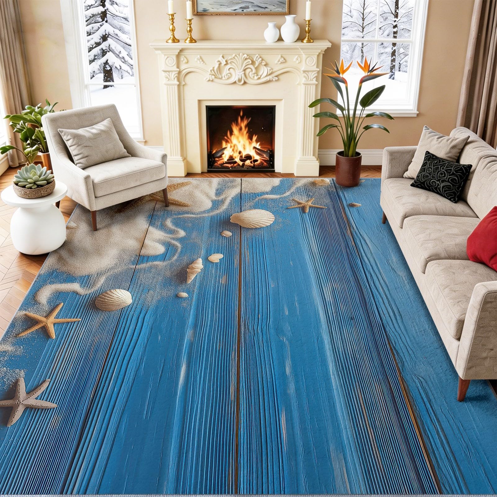 Tapis Réaliste 60x110cm à Motif, Beige Bleu Antidérapant et Lavable en Machine Poils Courts, Plage, Coquillages, Sable, Étoile De Mer pour Salon Chambre ou Bureau