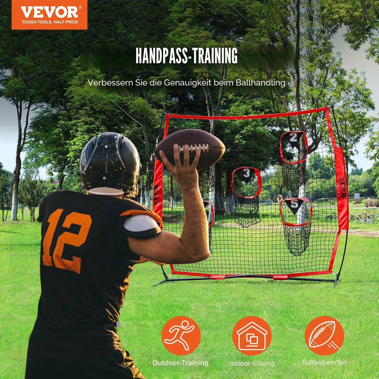VEVOR Fußballtrainer-Wurfnetz 217x125,5x223 cm mit 5 Zieltaschen, knotenloses Netz, Bogenrahmen & Tragetasche