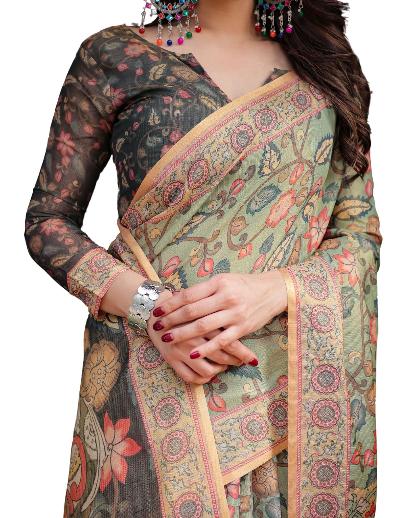 Couture Handloom Cotton Saree with Blouse, Cream and Multicolour, Floral Print, Traditional Style, 5.5 Metre Saree with 0.8 Metre Blouse-image-9