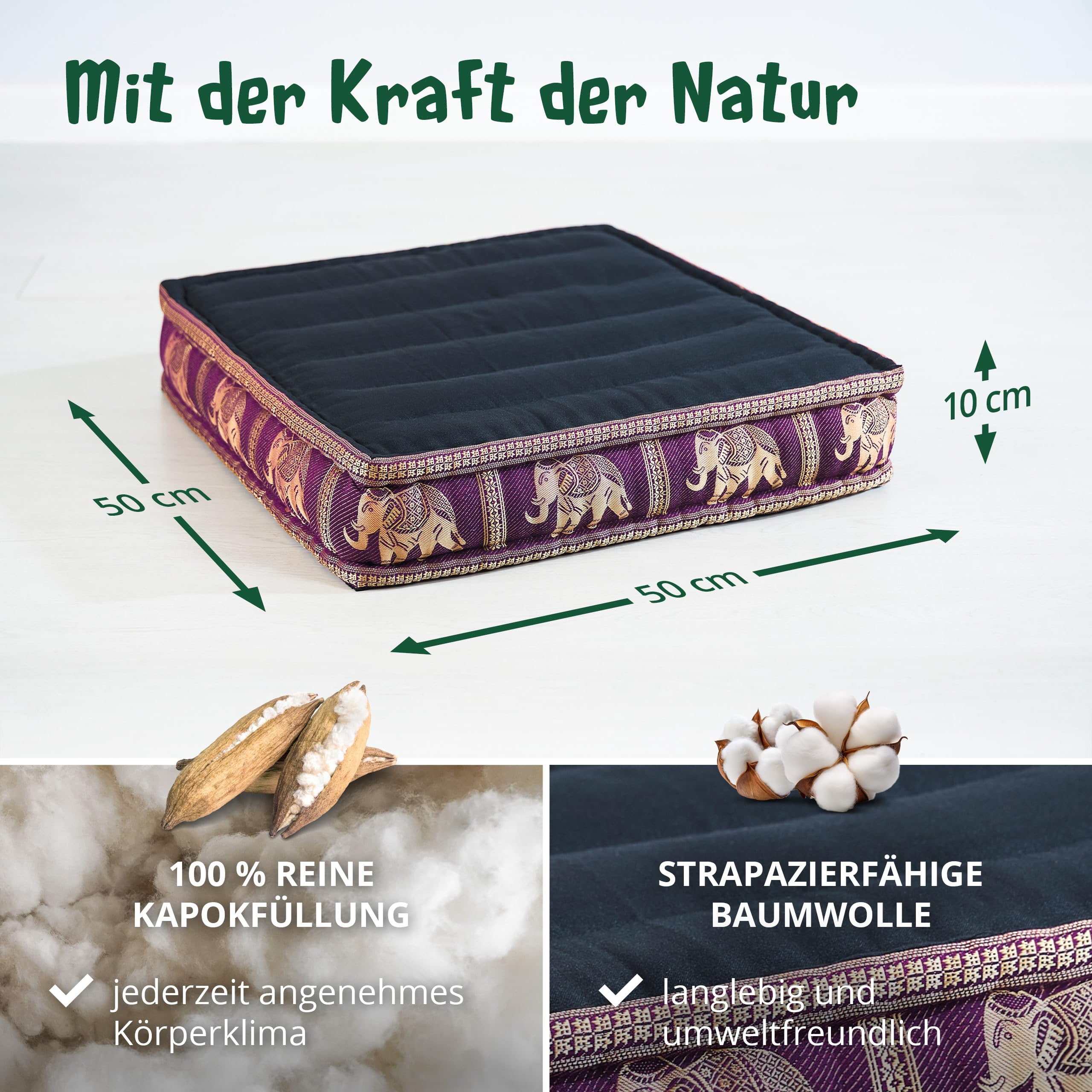 livasia Sitzkissen Boden Thaiseide - 50x50x10cm - Bodenkissen Indoor/Outdoor, Meditationskissen Yogakissen, Stuhlauflage Palettenmöbel, Steppkissen Bank handgefertigt (Schwarz/Lila/Elefanten Seide)