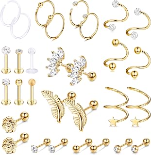 30Pcs 16G 18G Tragus Earrings Stud Daith Conch Forward Helix Cartilage Earrings Hoop Surgical Steel Lip Ring Labret Studs Monroe Piercing Jewelry for Women Men