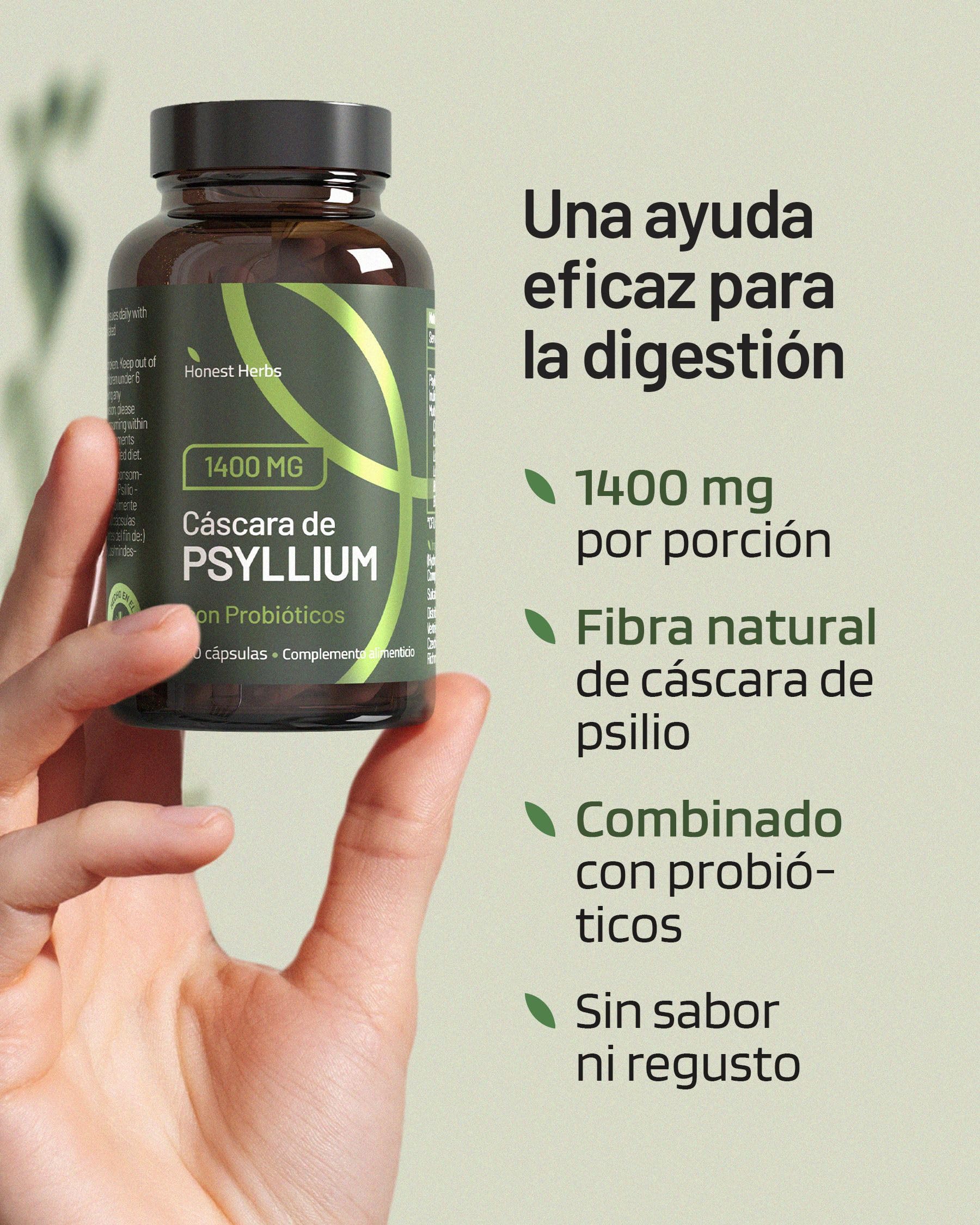 Cáscara de Psyllium con Probióticos 99% Pureza 60 Cápsulas 1400 mg Psyllium Husk 60 Mil Millones Probióticos Digestión Fibra Plantago Ovata