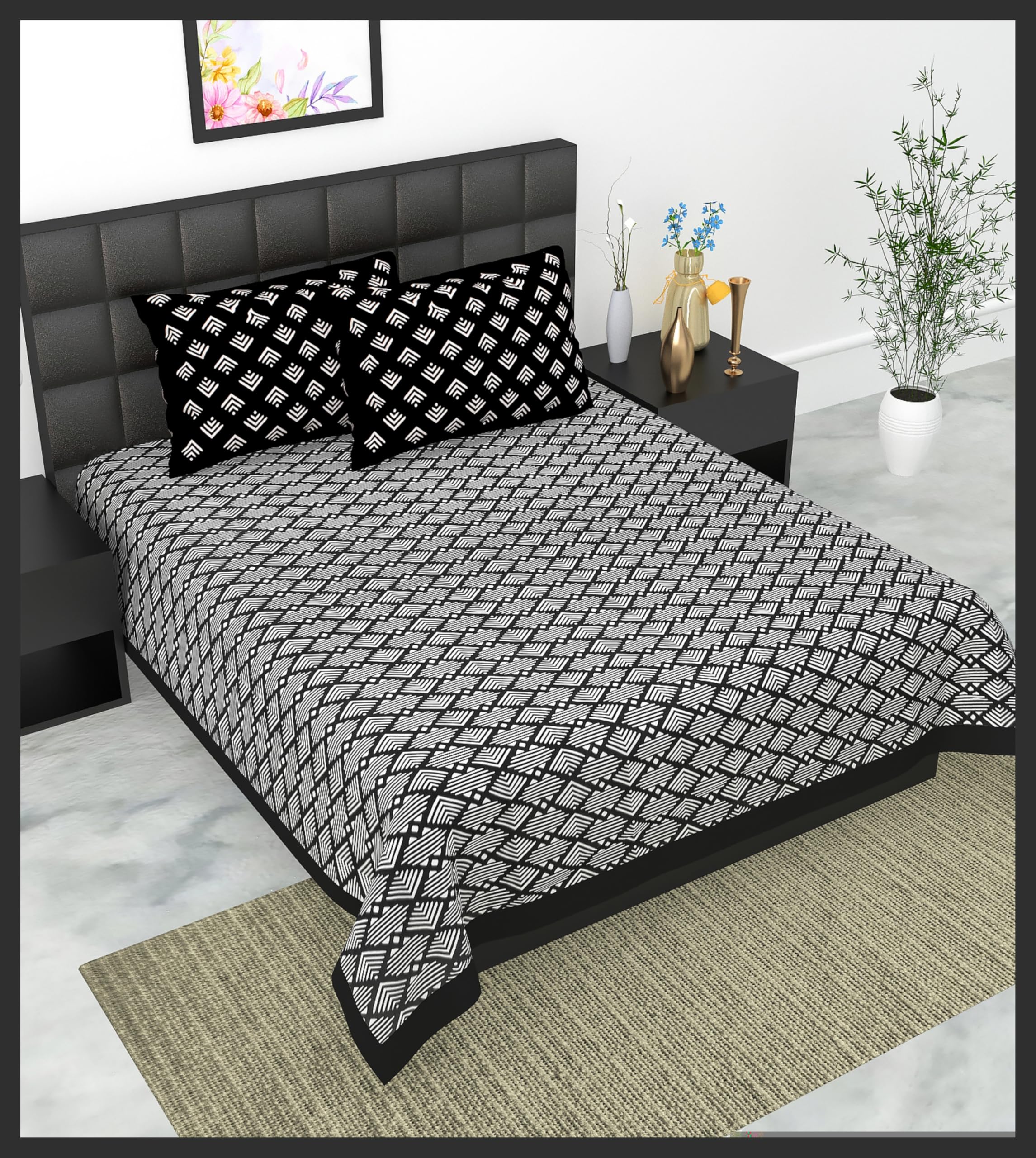Bedsheet Set with Pillow Covers, Black and White Geometric Pattern, Double Bed Size-image-43