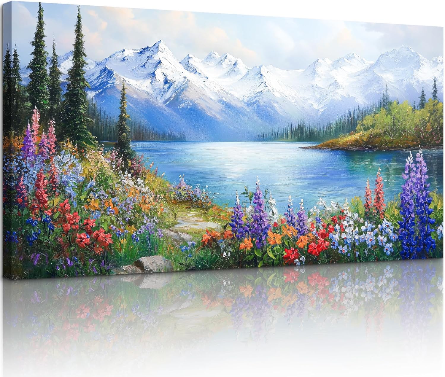 crmotu Lake Wildflowers Large Wall Art, Snow Mountain Forest Wall Decorations, Nature Landscape Canvas Art Prints, Rustic Bright Pictures Wall Decor Living Room Bedroom Farmhouse Kitchen 30x60 Inch 60"L x 30"W Snow Mountain Scenery