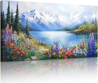 crmotu Lakeside Landscape Wall Art, Nature Wilderness Large Wall Decor, Mountain Tree Wildflowers Scenery Paintings, Cottagecore Canvas Pictures for Living Room Bedroom Farmhouse Art Prints 20x40 Inch