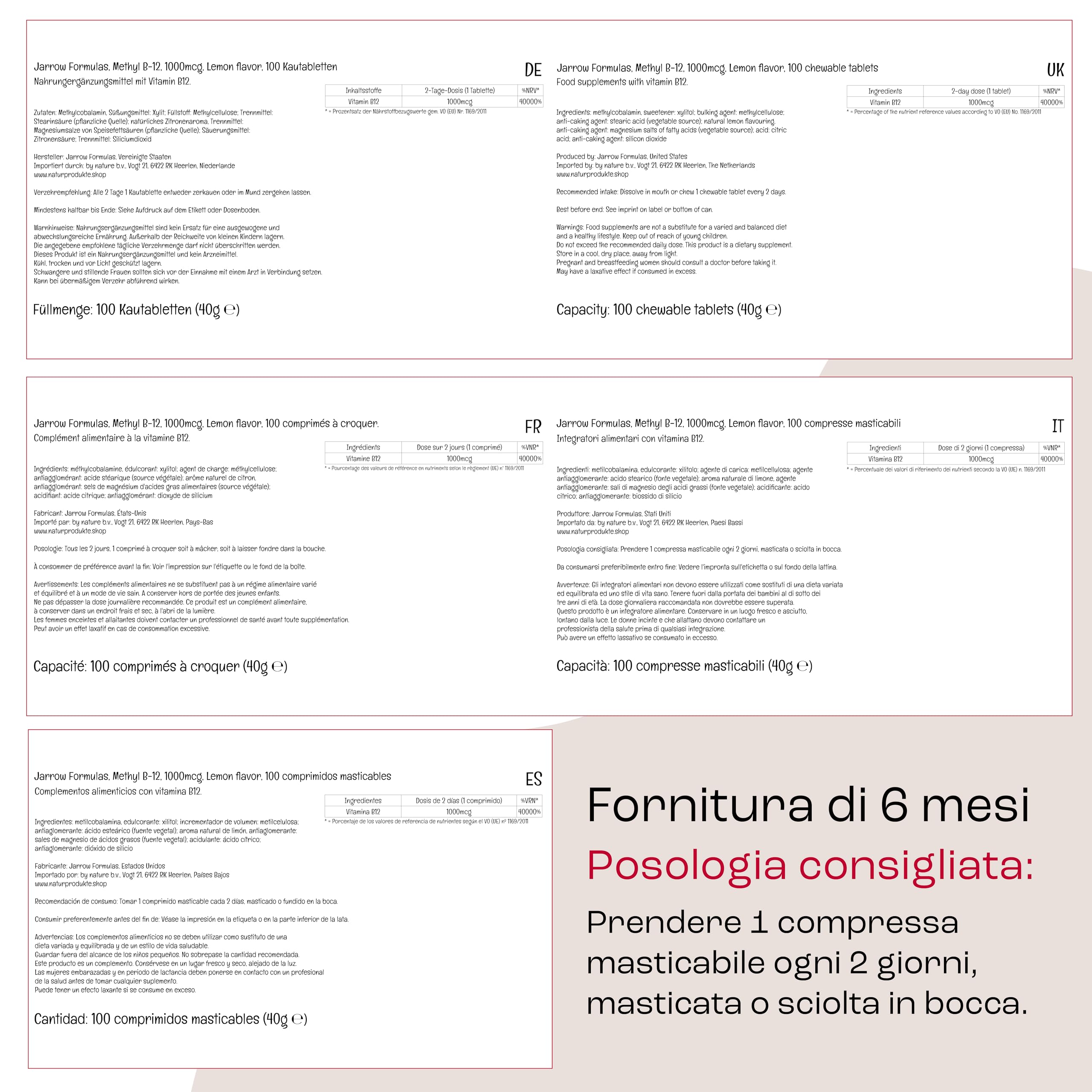 Jarrow Formulas, Methyl B12, 1.000mcg, 2 Giorni di Deposito, Gusto Limone, 100 Compresse Masticabili vegane, Testato in Laboratorio, Senza Glutine, Vegetariano, Senza Soia, Senza OGM