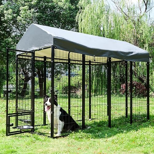 Miniatura 9 de Perrera para perros al aire libre de 8 x 4 x 6 pies con techo y soportes giratorios para tazones, recinto grande de metal para perros, casa