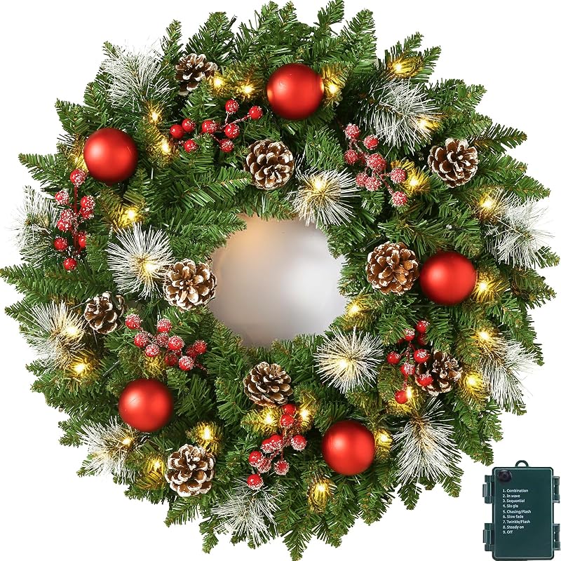 24 Inch Pre-Lit Artificial Christmas Wreath for Front Door, Christmas Door Decorations Wreath with LED Warm Lights, Balls, Pine Needles, and Red Berries Wall Windows Ornament