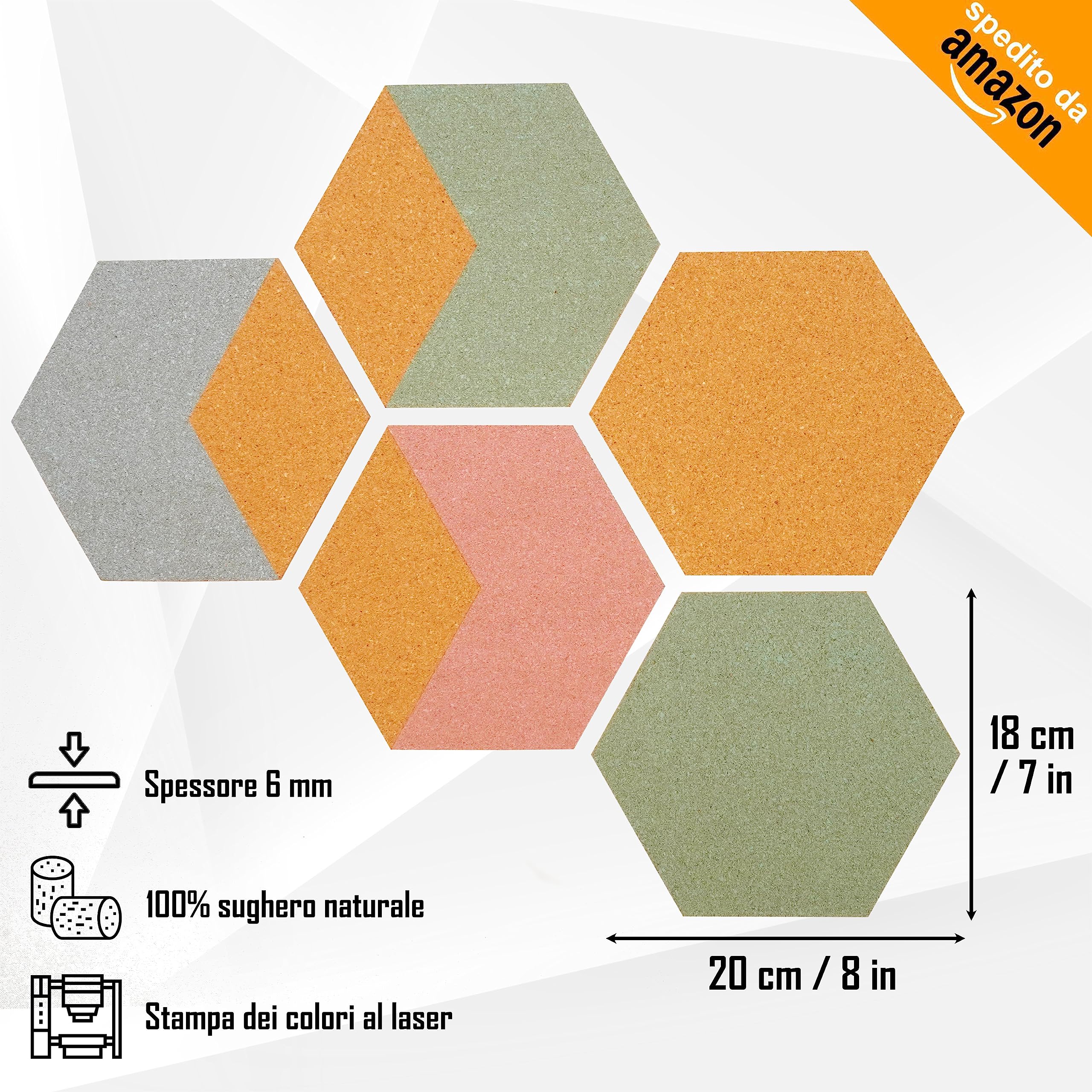 Pannello Esagonale in Sughero Adesivo per Decorazione Parete (5 Pezzi) - Quadro Decorativo Con Puntine e Pinze - Piastrelle in Vero Sughero per Moodboard