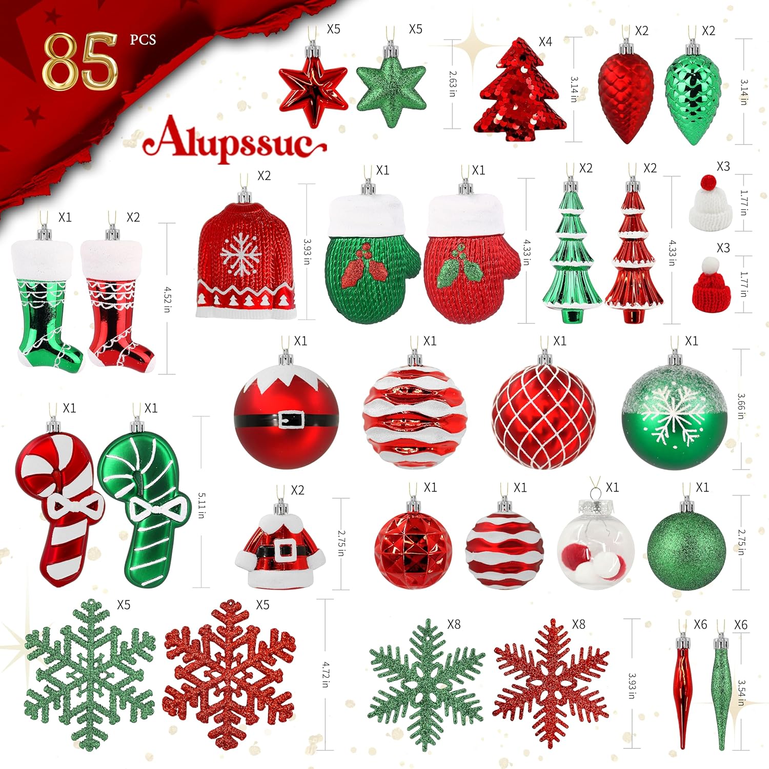 alupssuc 85ct christmas balls ornaments set, colorful shatterproof plastic christmas tree ornaments, xmas decorative baubles for christmas tree decorations with hanging strings, redgreenwhite red & green & white