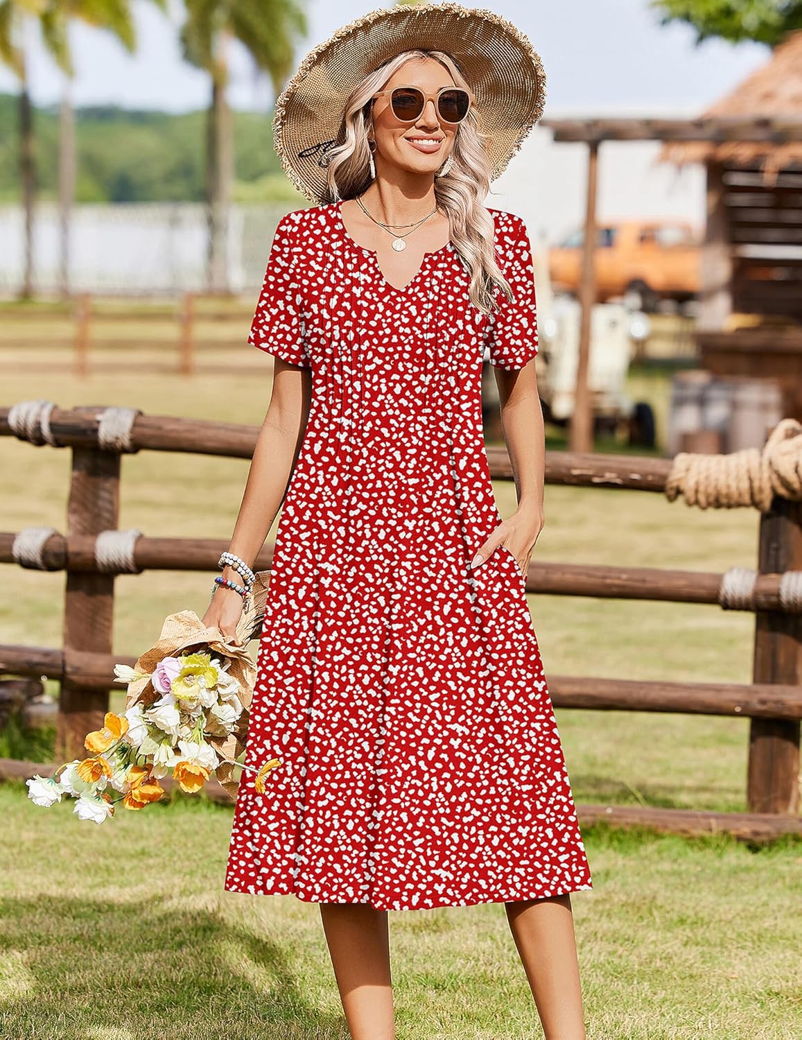 Zeagoo Summer Dresses for Women 2026 Casual Short Sleeve Aline Midi Dress with Pocket Flowy Pleated Tshirt Beach Sundress - Image 3