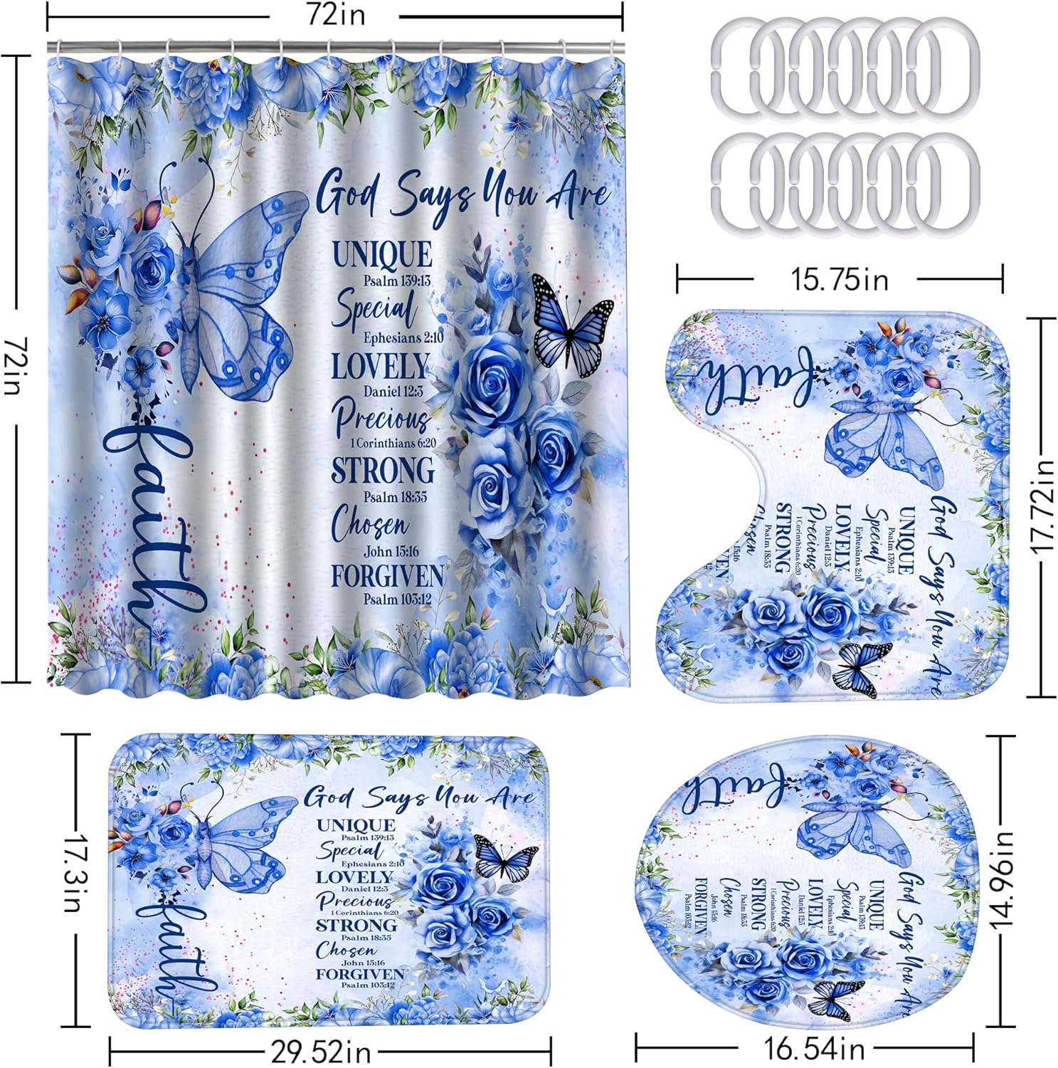 4 Pcs Blue Butterfly Inspirational Quotes Shower Curtain Set with Rugs, Toilet Lid Cover and Bath Mat, Bible Verse Floral Bathroom Decor Set Accessories, Colorful Boho Shower Curtain with 12 Hooks