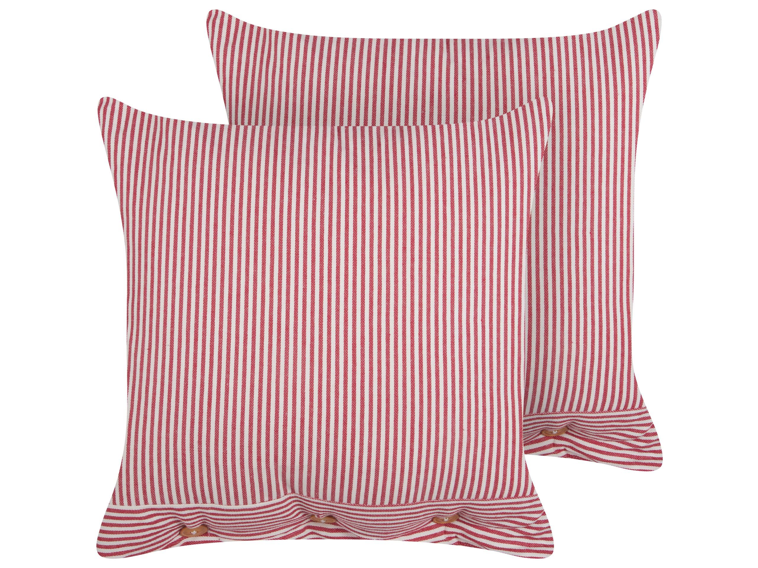 Beliani Dekokissen 2er Set Baumwolle rot/weiß gestreift 45x45 cm mit Knöpfen Aalita