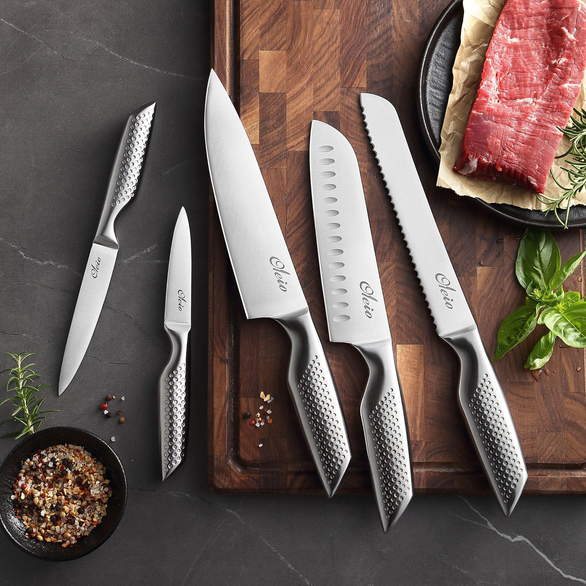Oleio Maestro Bloc à Couteaux 5 Pièces en Acier Inoxydable avec Bloc en Bois d’Acacia et Aiguiseur Intégré | Couteaux de Cuisine Professionnels pour Viande, Légumes et Pain