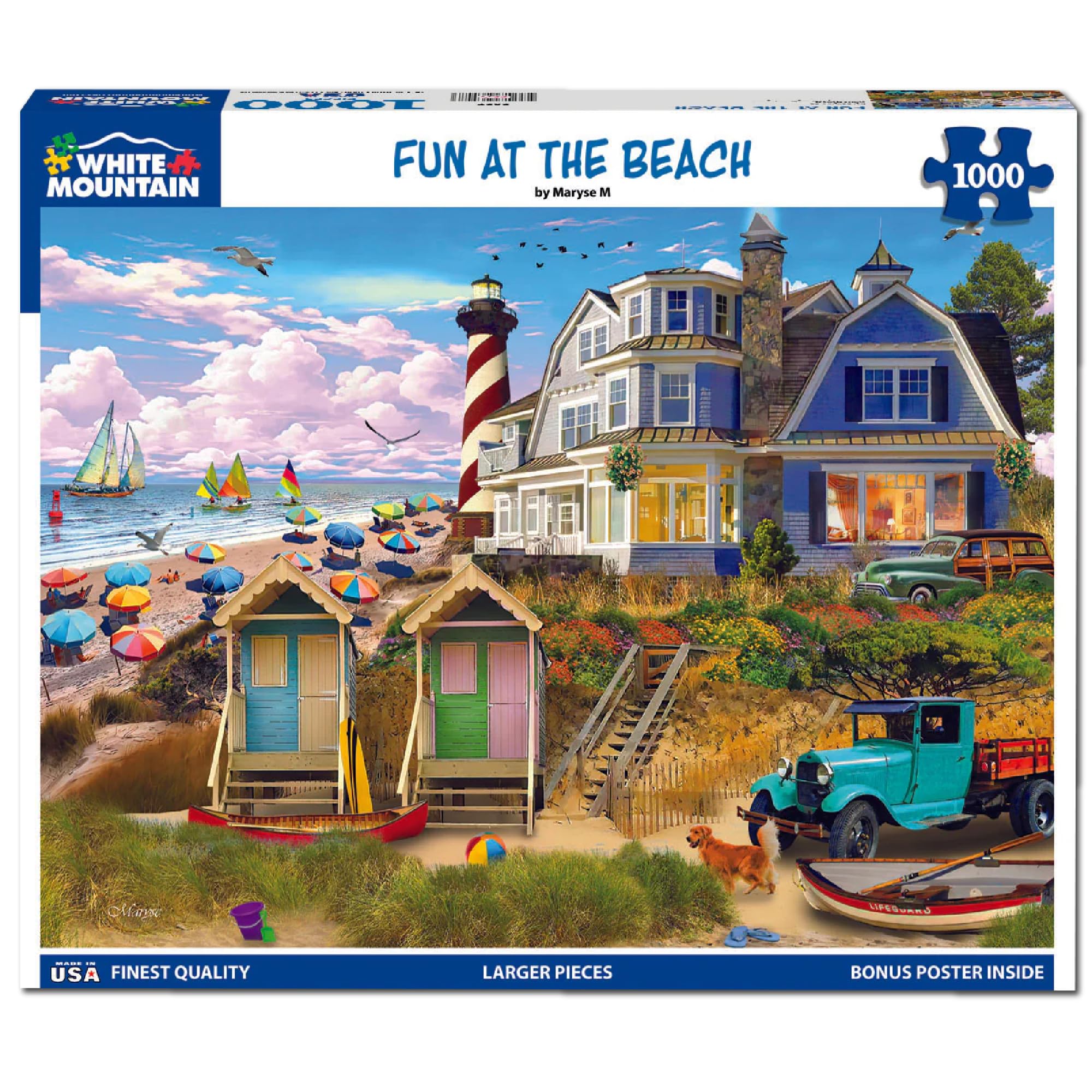 Condition photo showing New/Like New for White Mountain 1000 Piece Jigsaw Puzzle Coastal Summer Lighthouse Puzzles with Large Pieces Gift for Adults and Family 24"x30" - Fun at The Beach