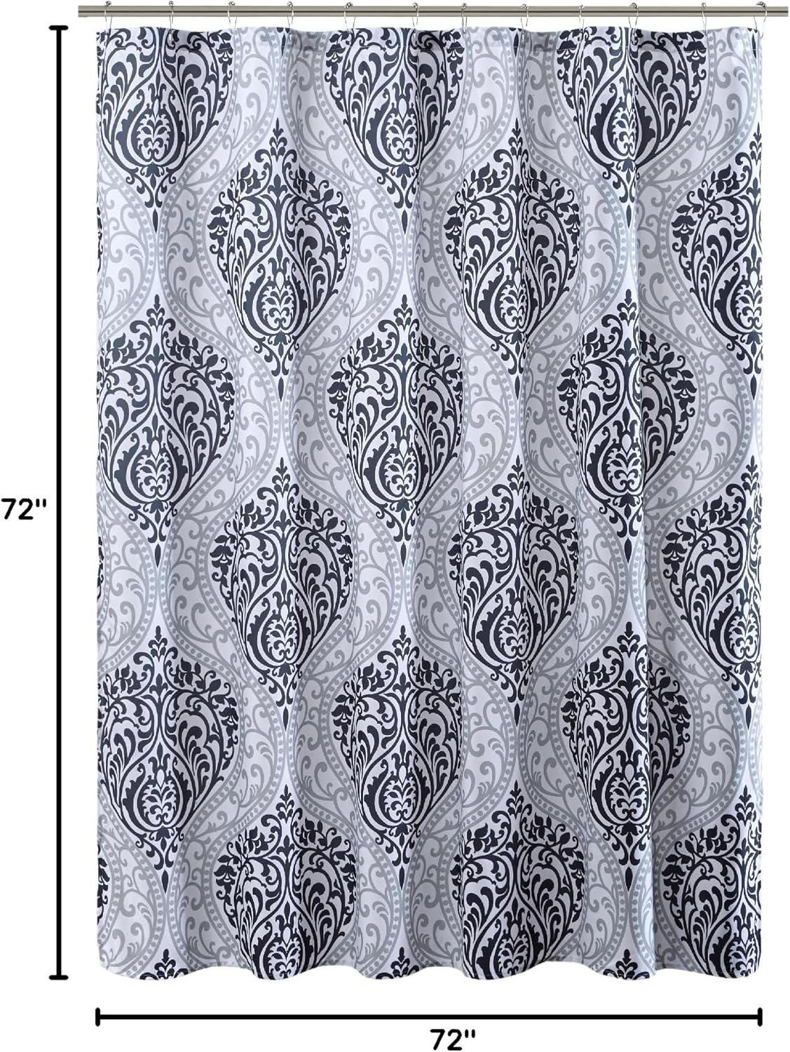 Comfort Spaces Coco Bathroom Shower Curtain Printed Damask Pattern Modern Cute Microfiber Fabric Bath Curtains, 72"x72", Black (CS70-0682)