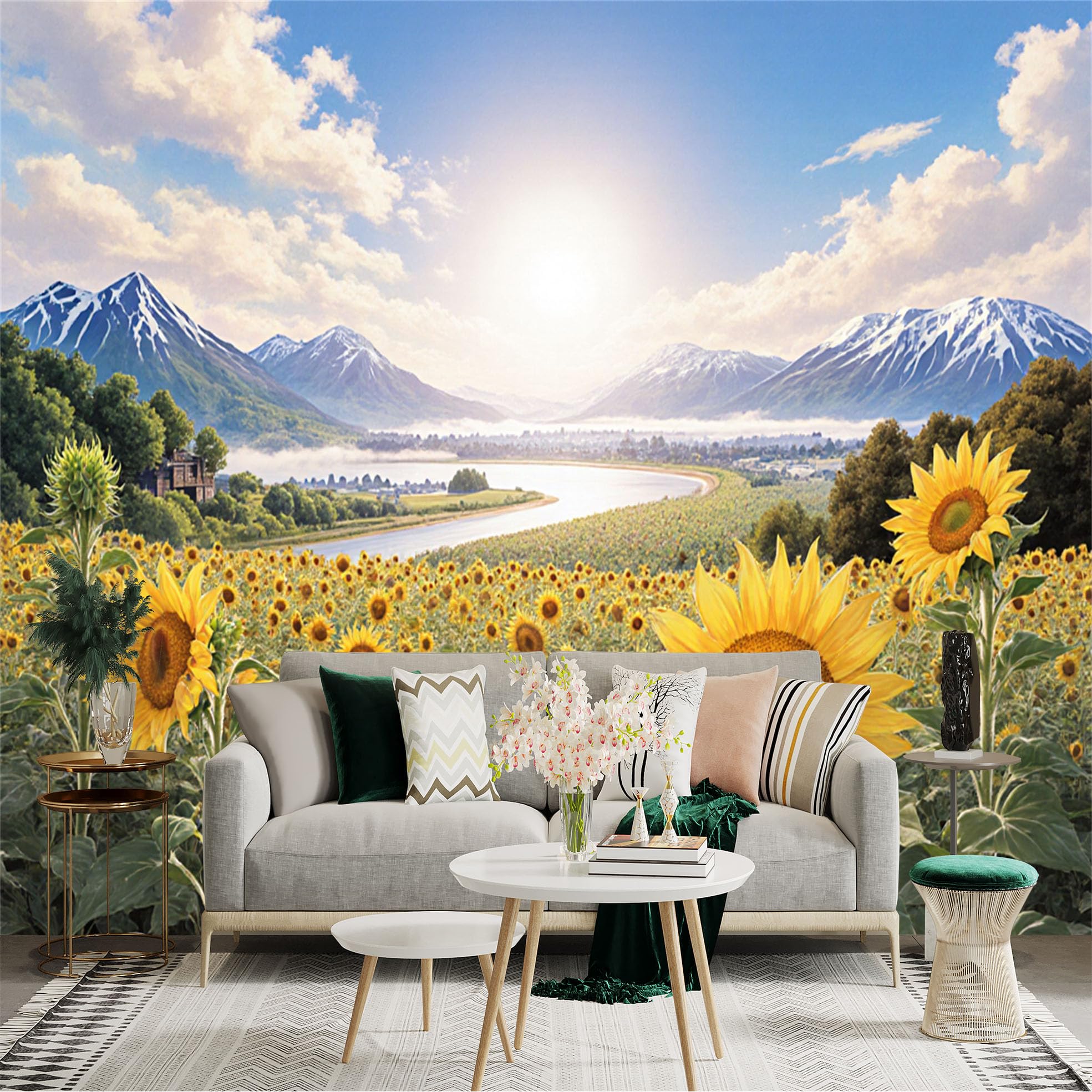 Custom Size Wall Sticker Mural， Sunflower Field with River， Mountains and Bright Sky Landscape， for wall Decoration， peelandstick wall Decals.