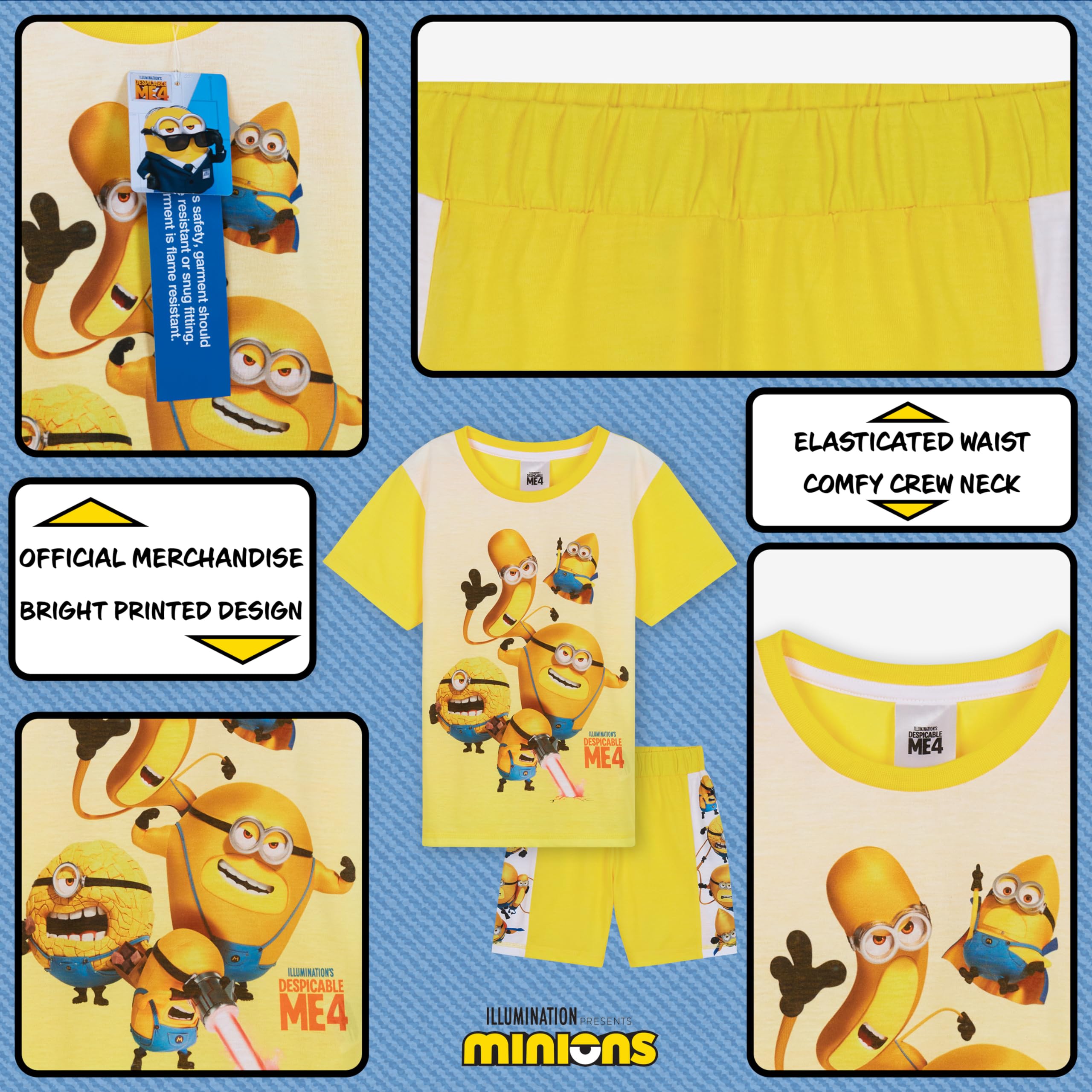 Minions Transpirable Pijama Niño Corto, Set de 2 Piezas - Regalo para Niños (Azul/Mostaza, 4-5 Años)